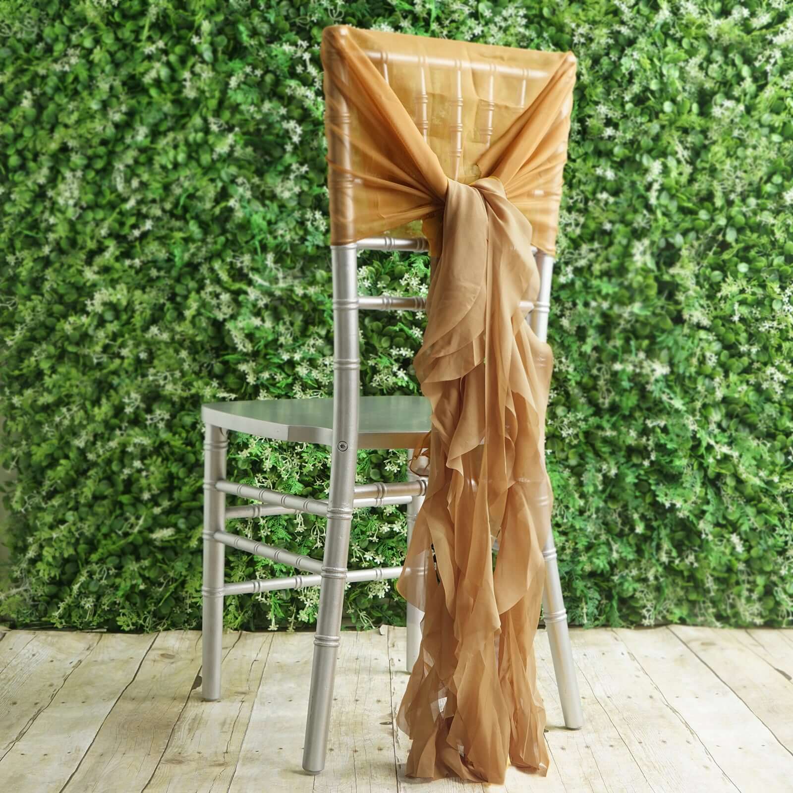 1 Set Chiffon Hoods Chair Sashes with Willow Ruffles Design Gold - Stylish Decor for Weddings & Gatherings - Linen Luxes