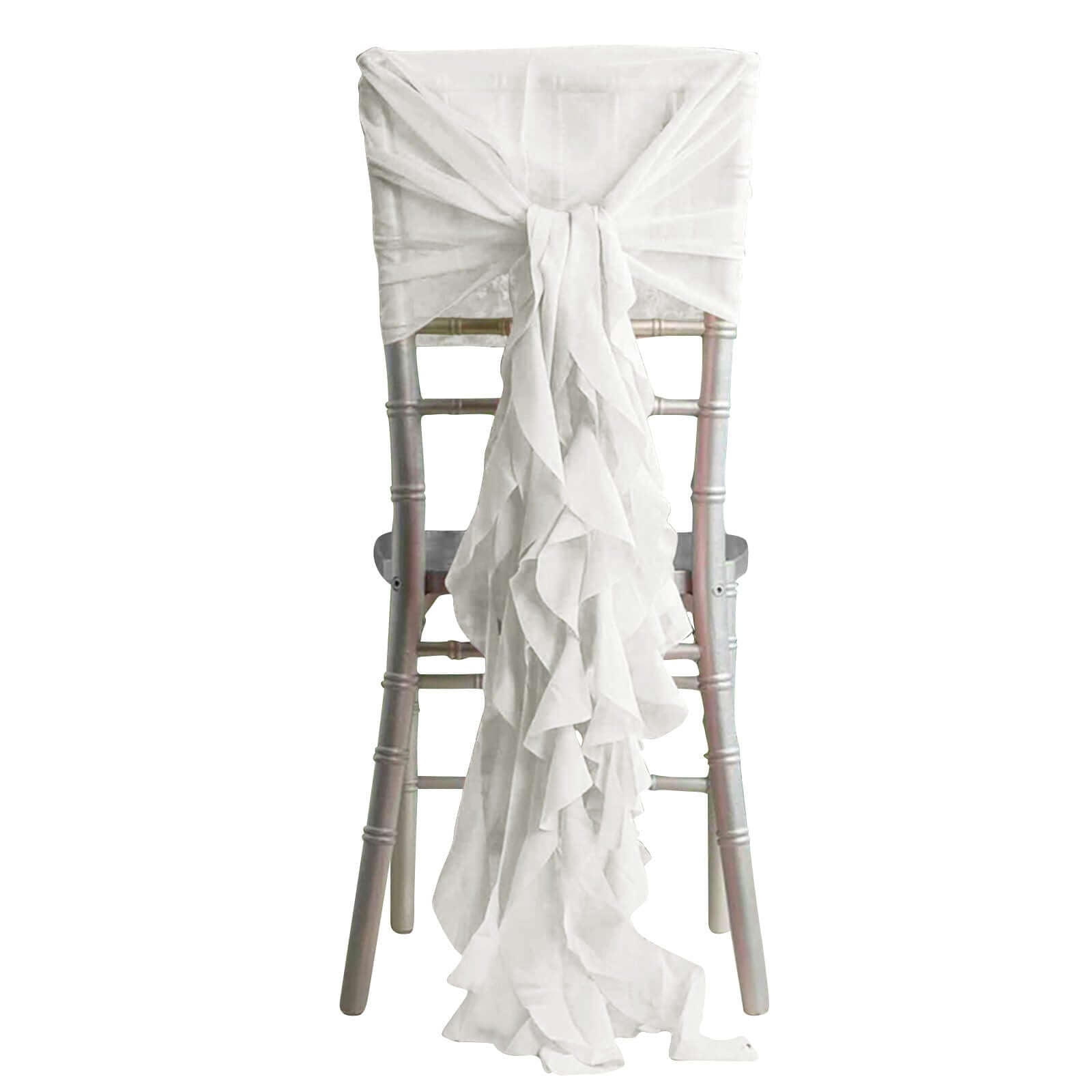 1 Set Chiffon Hoods Chair Sashes with Willow Ruffles Design Ivory - Stylish Chair Bow Decor - Linen Luxes