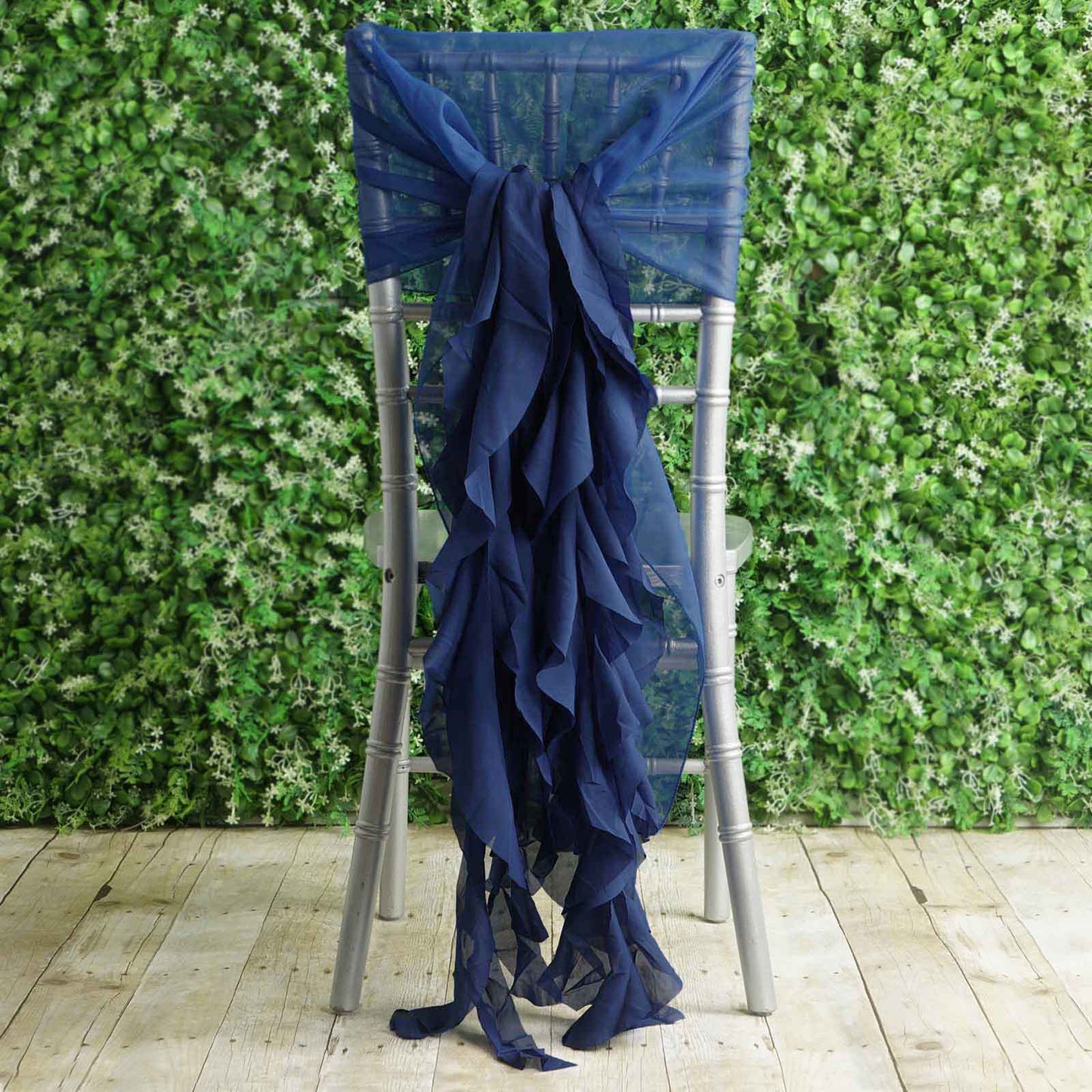 1 Set Chiffon Hoods Chair Sashes with Willow Ruffles Design Navy Blue - Stylish Chair Bow Decor - Linen Luxes