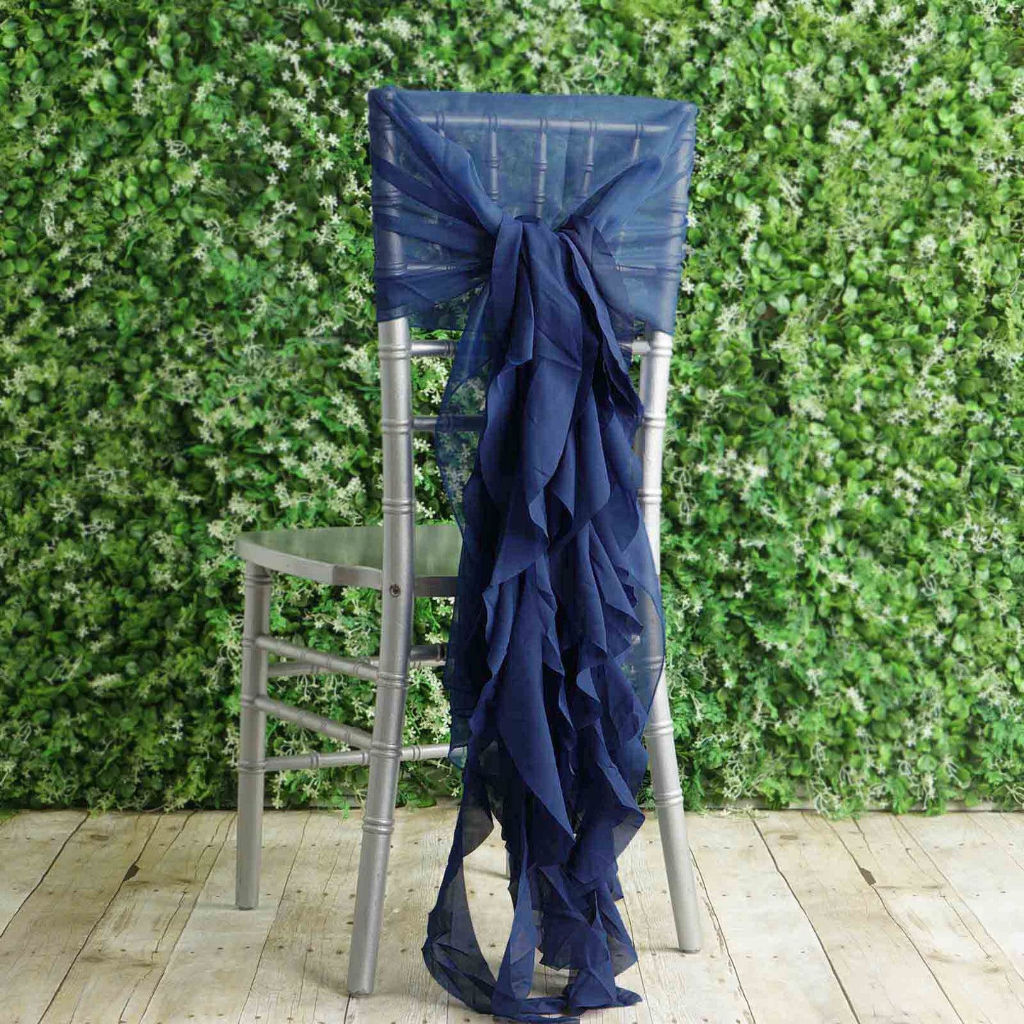 1 Set Chiffon Hoods Chair Sashes with Willow Ruffles Design Navy Blue - Stylish Chair Bow Decor - Linen Luxes