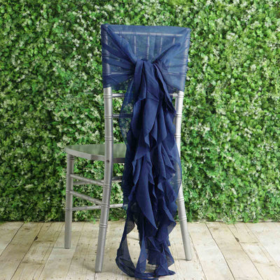 1 Set Chiffon Hoods Chair Sashes with Willow Ruffles Design Navy Blue - Stylish Chair Bow Decor - Linen Luxes