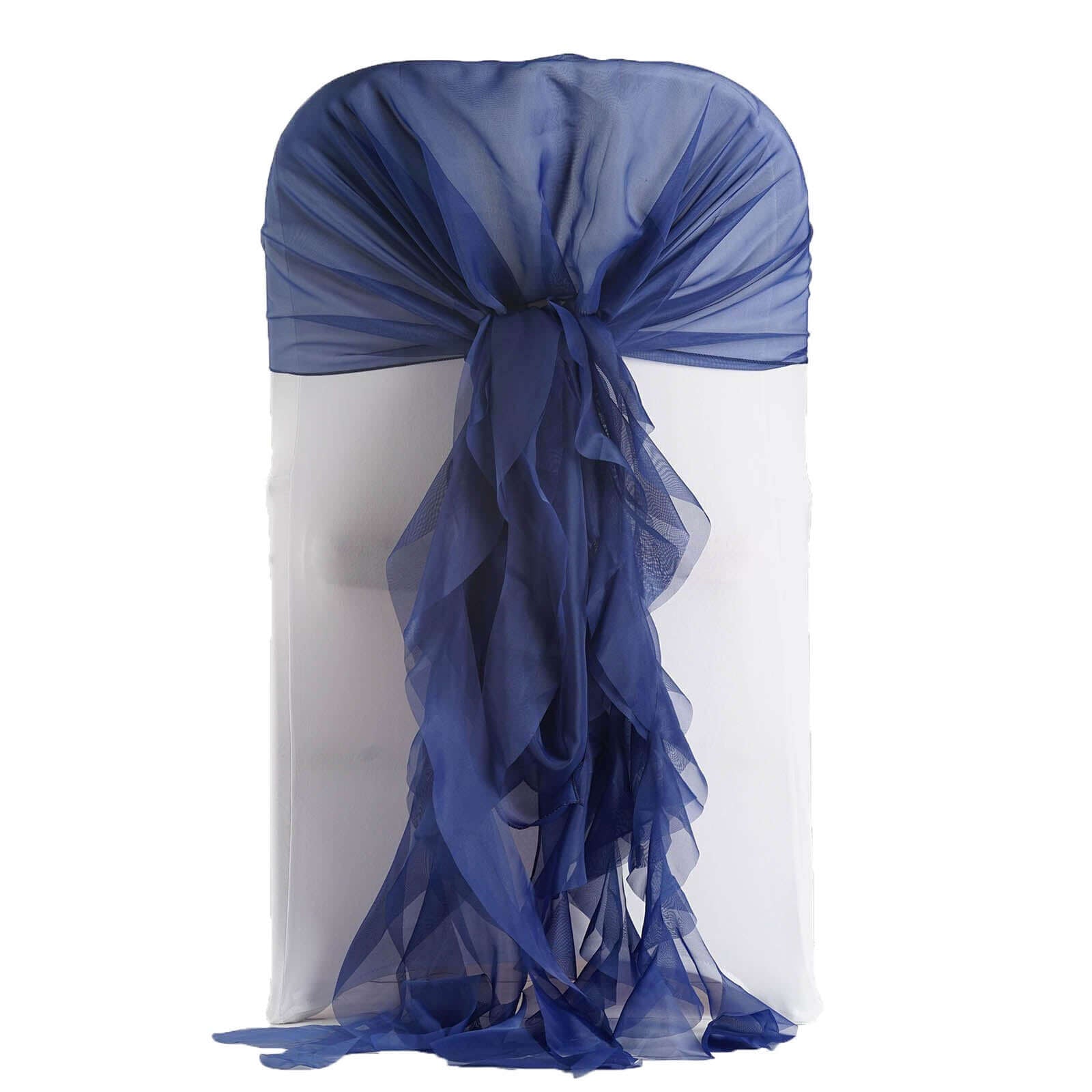 1 Set Chiffon Hoods Chair Sashes with Willow Ruffles Design Navy Blue - Stylish Chair Bow Decor - Linen Luxes