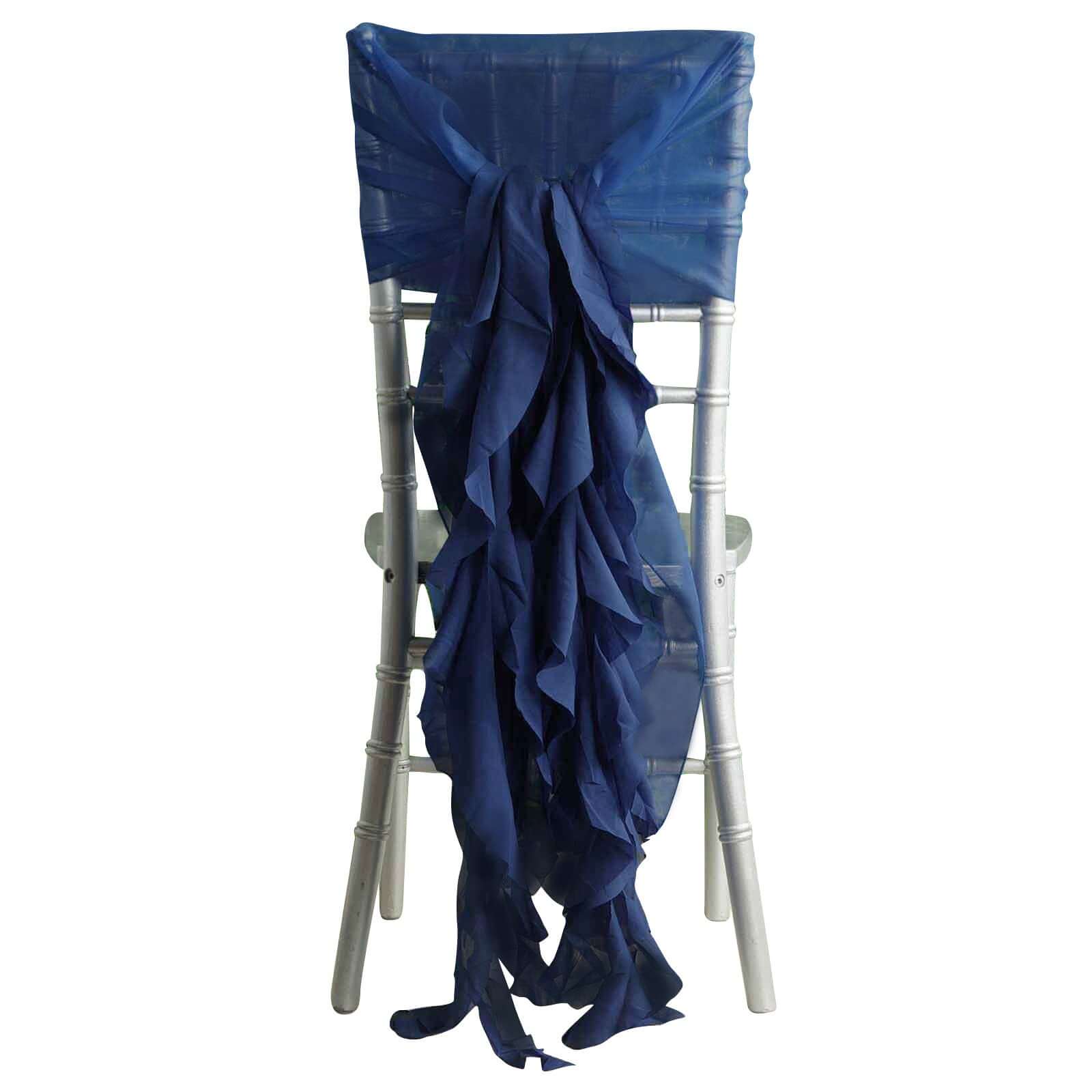 1 Set Chiffon Hoods Chair Sashes with Willow Ruffles Design Navy Blue - Stylish Chair Bow Decor - Linen Luxes