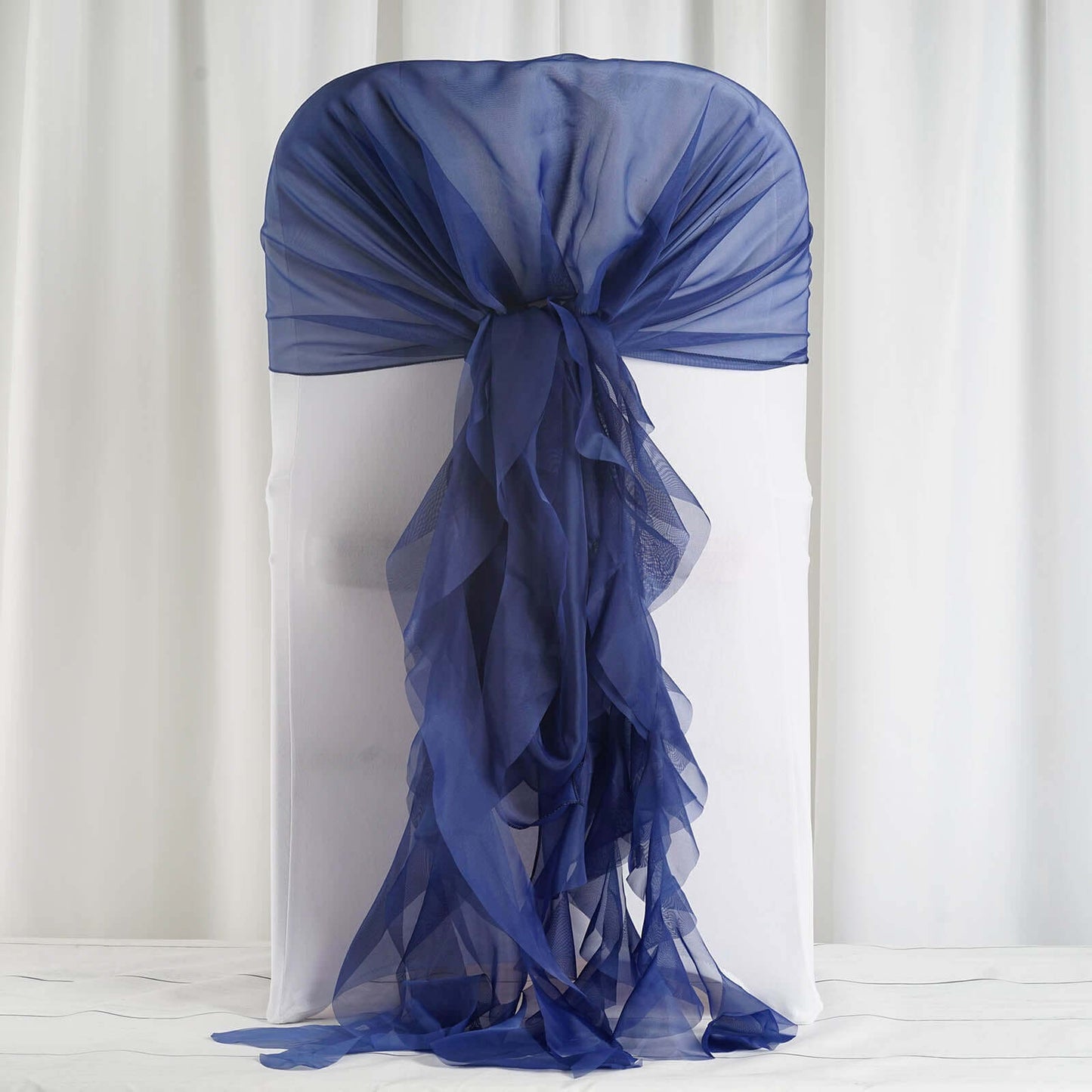 1 Set Chiffon Hoods Chair Sashes with Willow Ruffles Design Navy Blue - Stylish Chair Bow Decor - Linen Luxes
