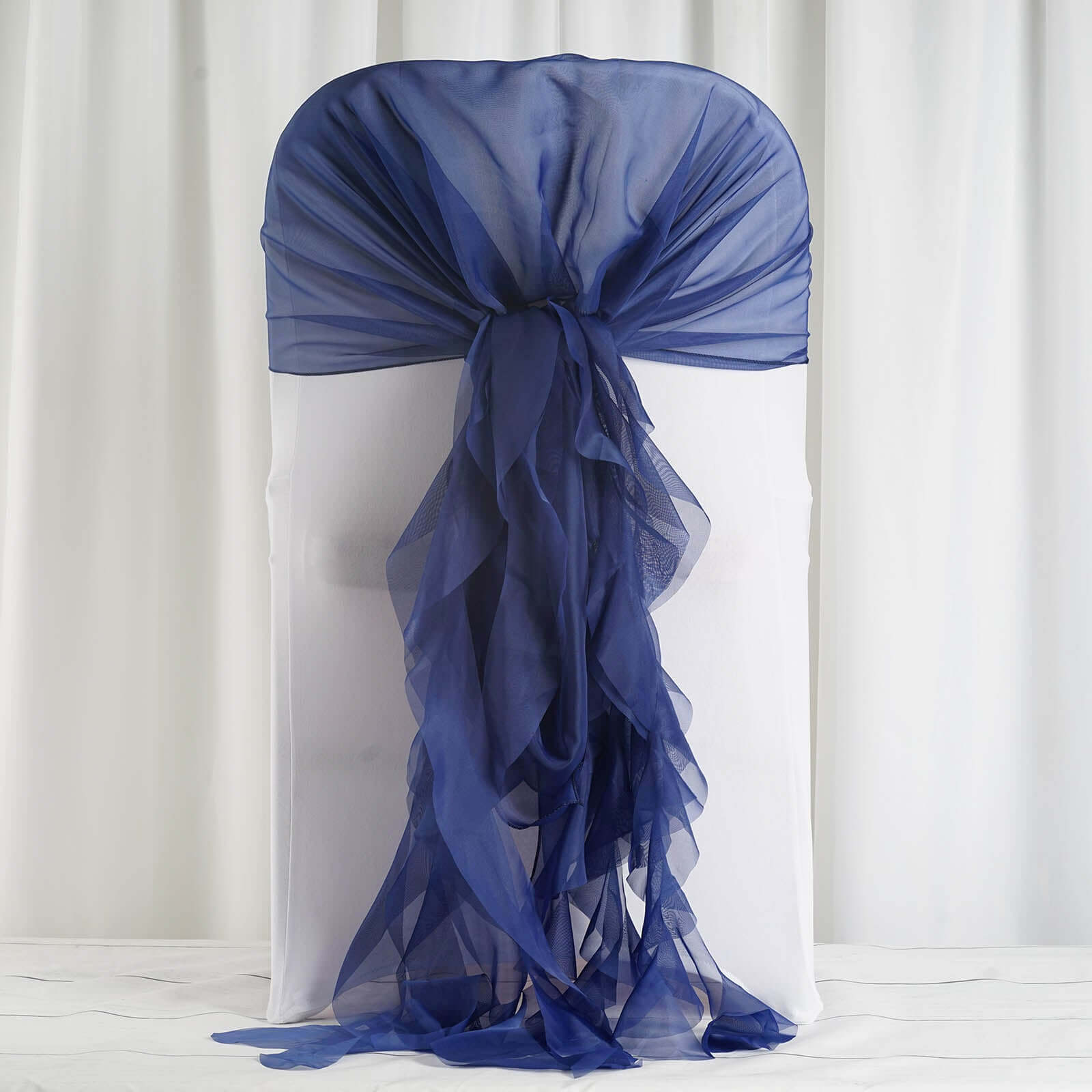 1 Set Chiffon Hoods Chair Sashes with Willow Ruffles Design Navy Blue - Stylish Chair Bow Decor - Linen Luxes
