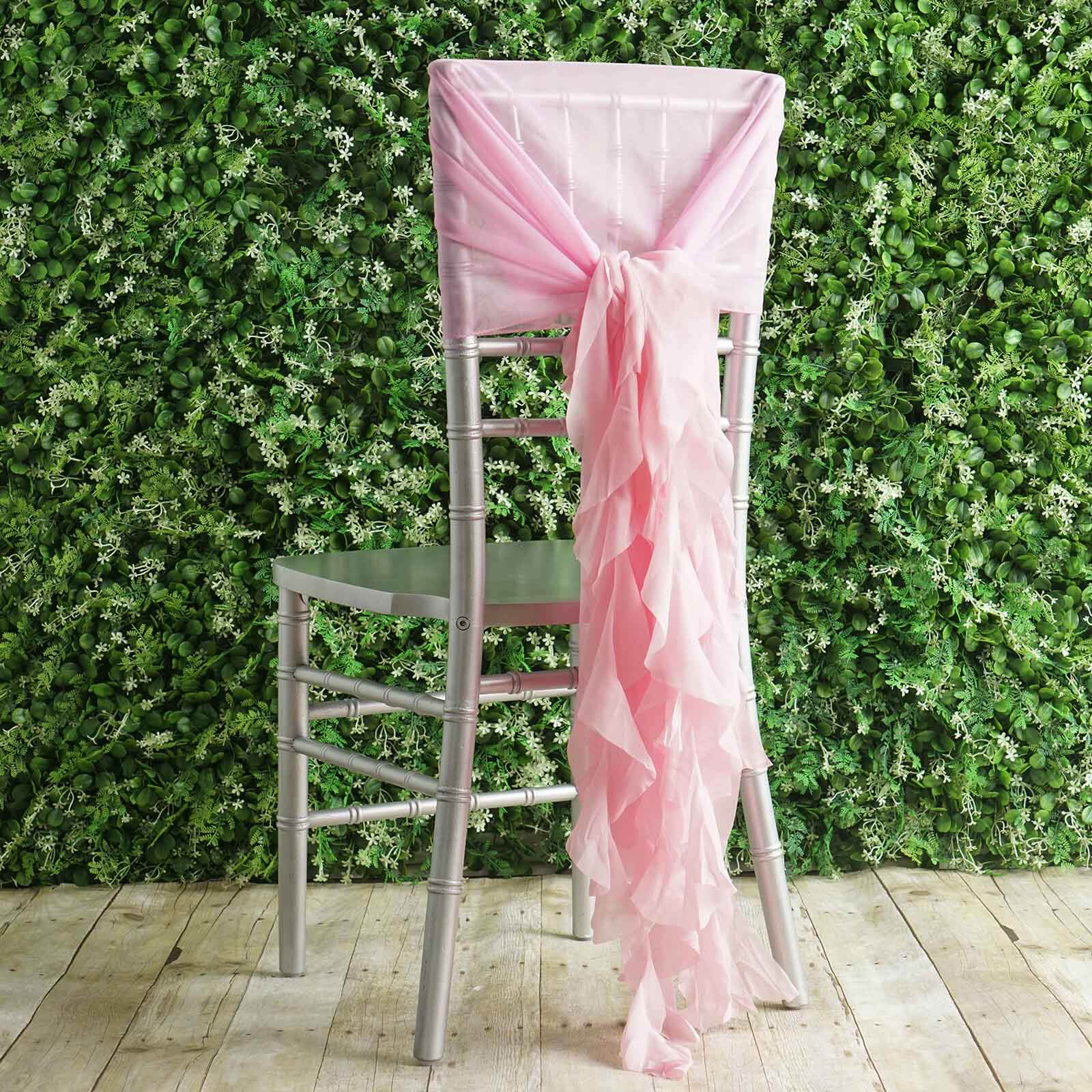 1 Set Chiffon Hoods Chair Sashes with Willow Ruffles Design Pink - Stylish Chair Bow Decor - Linen Luxes