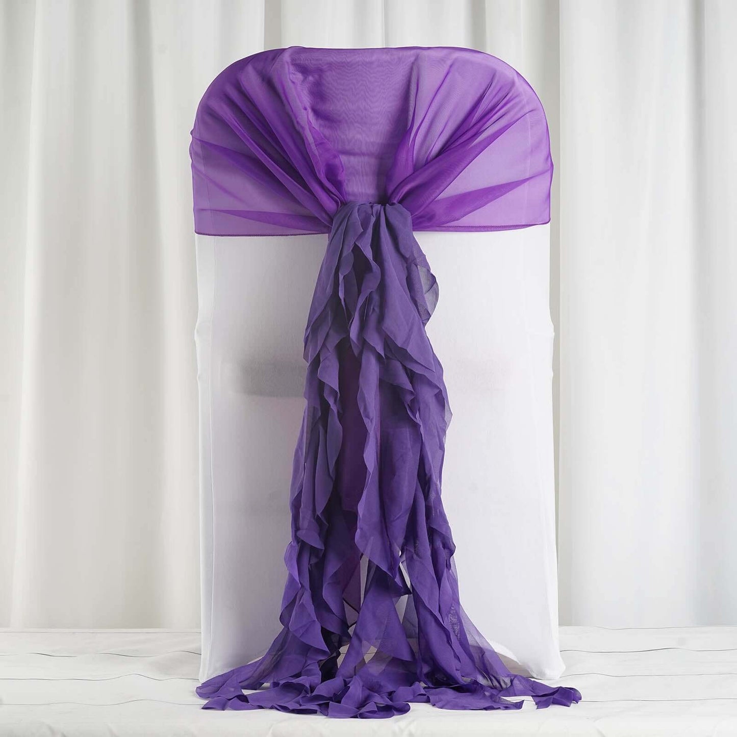 1 Set Chiffon Hoods Chair Sashes with Willow Ruffles Design Purple - Stylish Chair Bow Decor - Linen Luxes