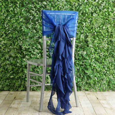 1 Set Chiffon Hoods Chair Sashes with Willow Ruffles Design Royal Blue - Stylish Chair Bow Decor - Linen Luxes