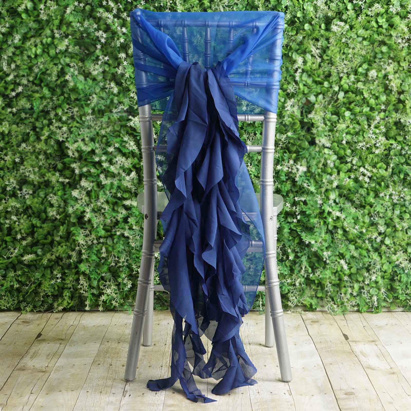 1 Set Chiffon Hoods Chair Sashes with Willow Ruffles Design Royal Blue - Stylish Chair Bow Decor - Linen Luxes