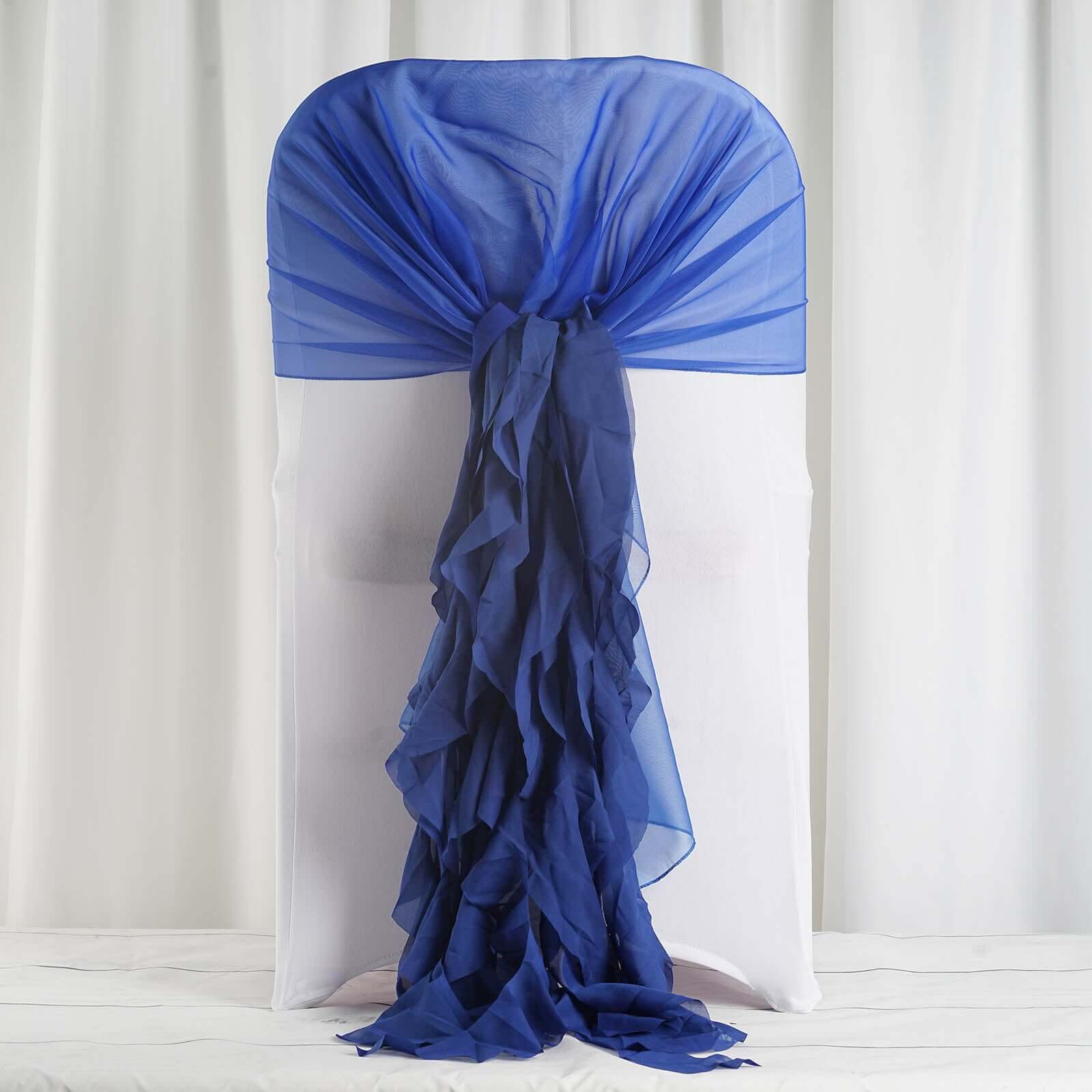 1 Set Chiffon Hoods Chair Sashes with Willow Ruffles Design Royal Blue - Stylish Chair Bow Decor - Linen Luxes
