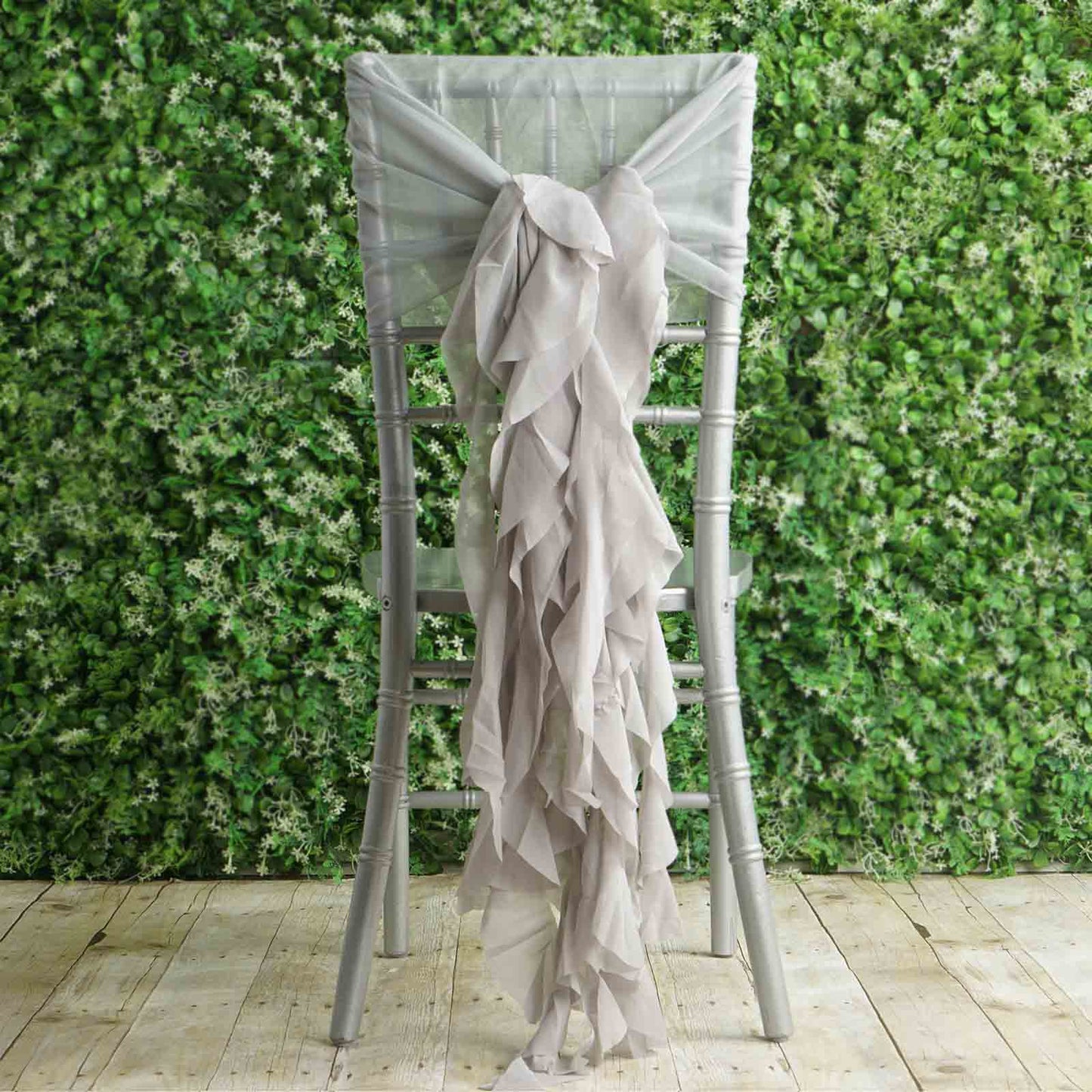 1 Set Chiffon Hoods Chair Sashes with Willow Ruffles Design Silver - Stylish Chair Bow Decor - Linen Luxes