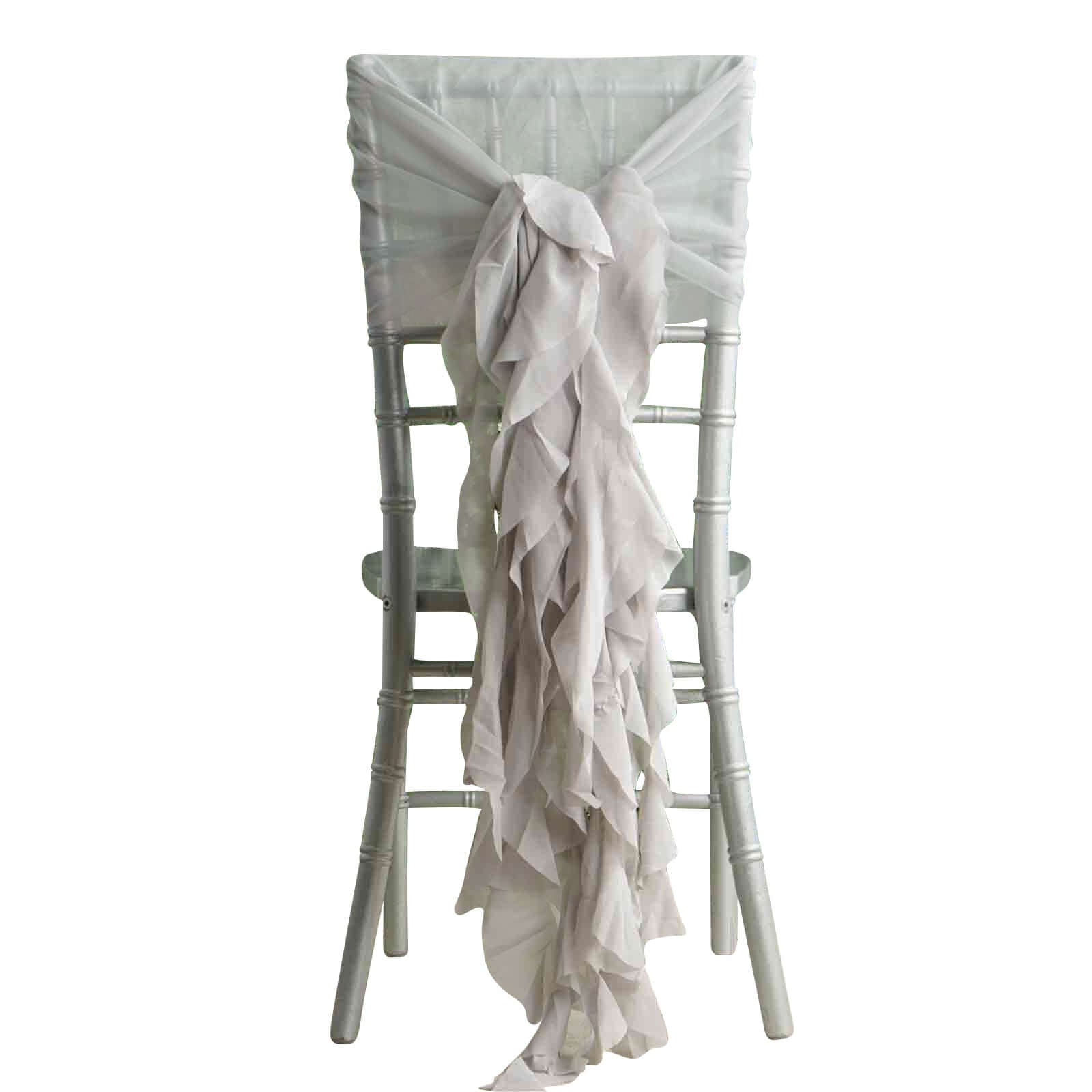 1 Set Chiffon Hoods Chair Sashes with Willow Ruffles Design Silver - Stylish Chair Bow Decor - Linen Luxes
