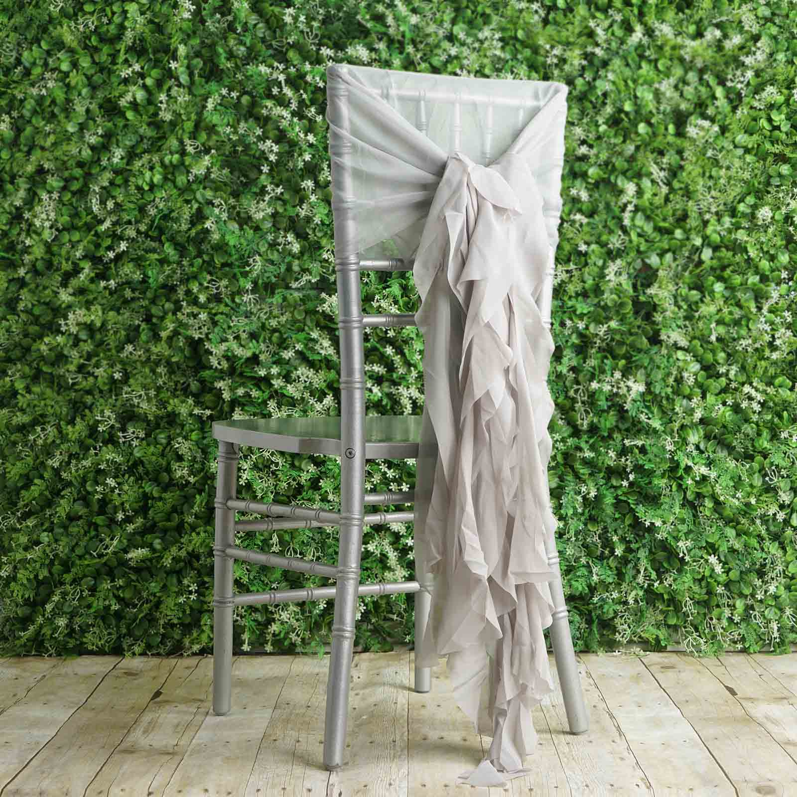 1 Set Chiffon Hoods Chair Sashes with Willow Ruffles Design Silver - Stylish Chair Bow Decor - Linen Luxes