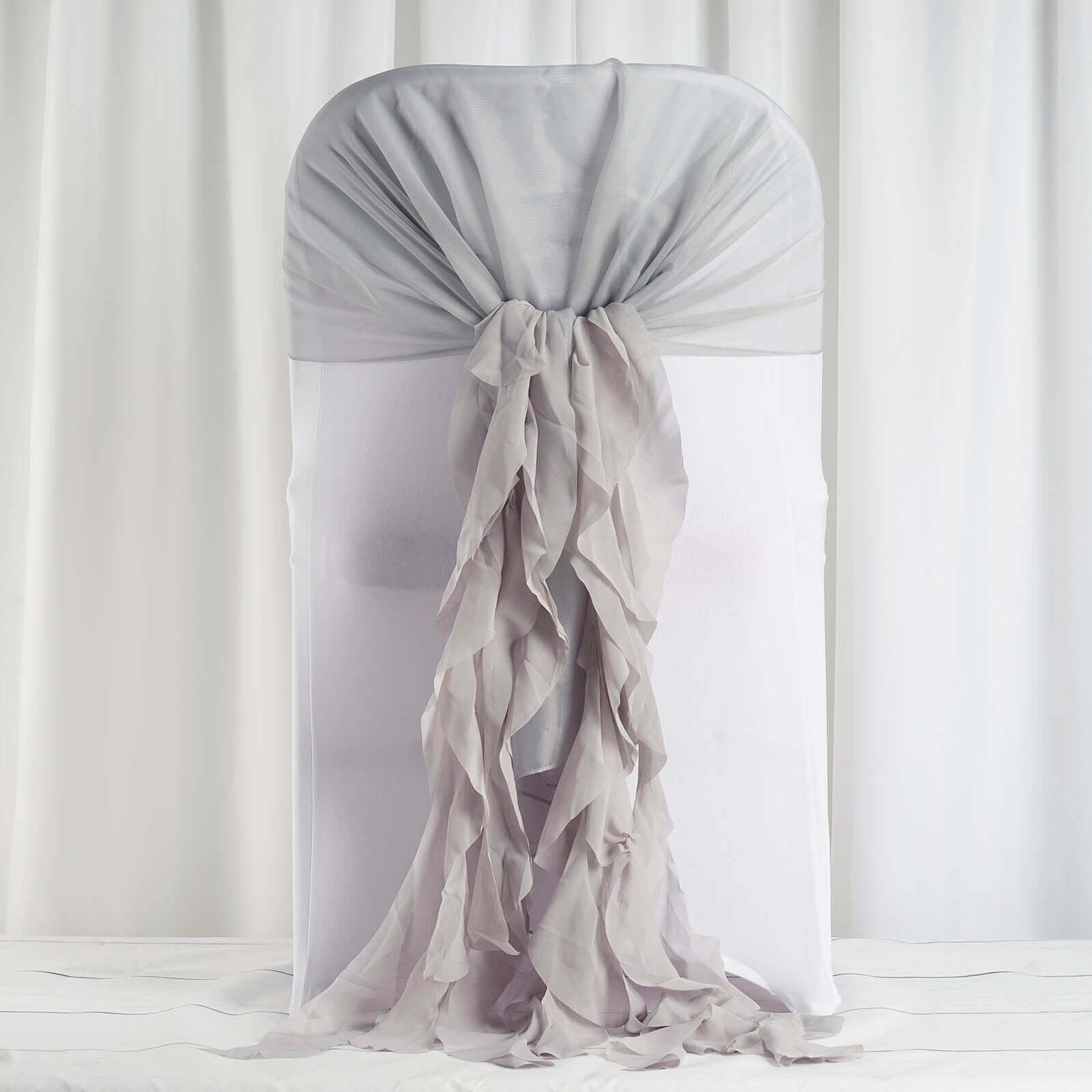 1 Set Chiffon Hoods Chair Sashes with Willow Ruffles Design Silver - Stylish Chair Bow Decor - Linen Luxes