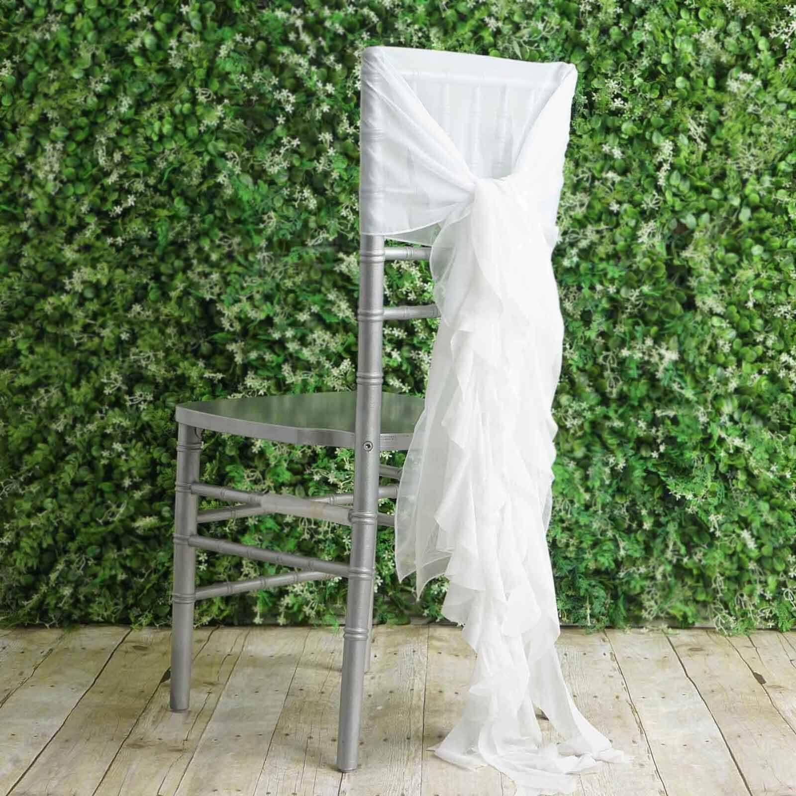 1 Set Chiffon Hoods Chair Sashes with Willow Ruffles Design White - Stylish Decor for Weddings & Gatherings - Linen Luxes