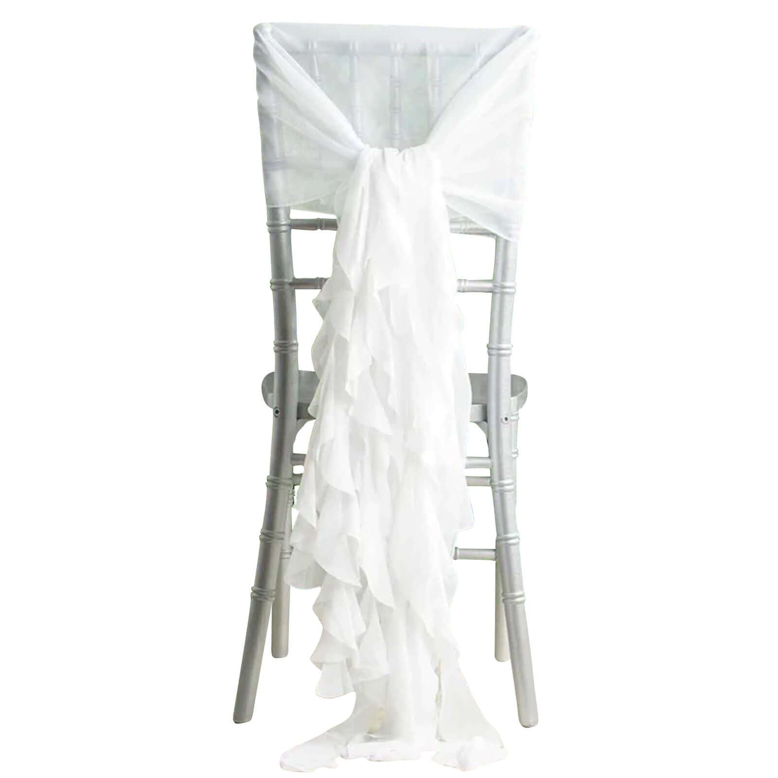 1 Set Chiffon Hoods Chair Sashes with Willow Ruffles Design White - Stylish Decor for Weddings & Gatherings - Linen Luxes