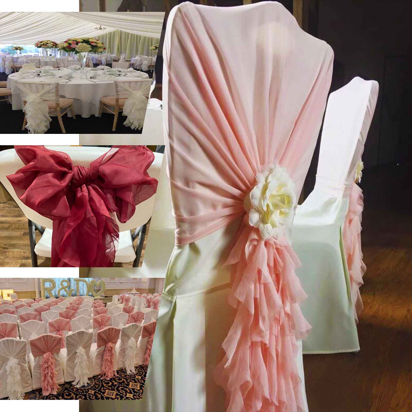1 Set Chiffon Hoods Chair Sashes with Willow Ruffles Design White - Stylish Decor for Weddings & Gatherings - Linen Luxes