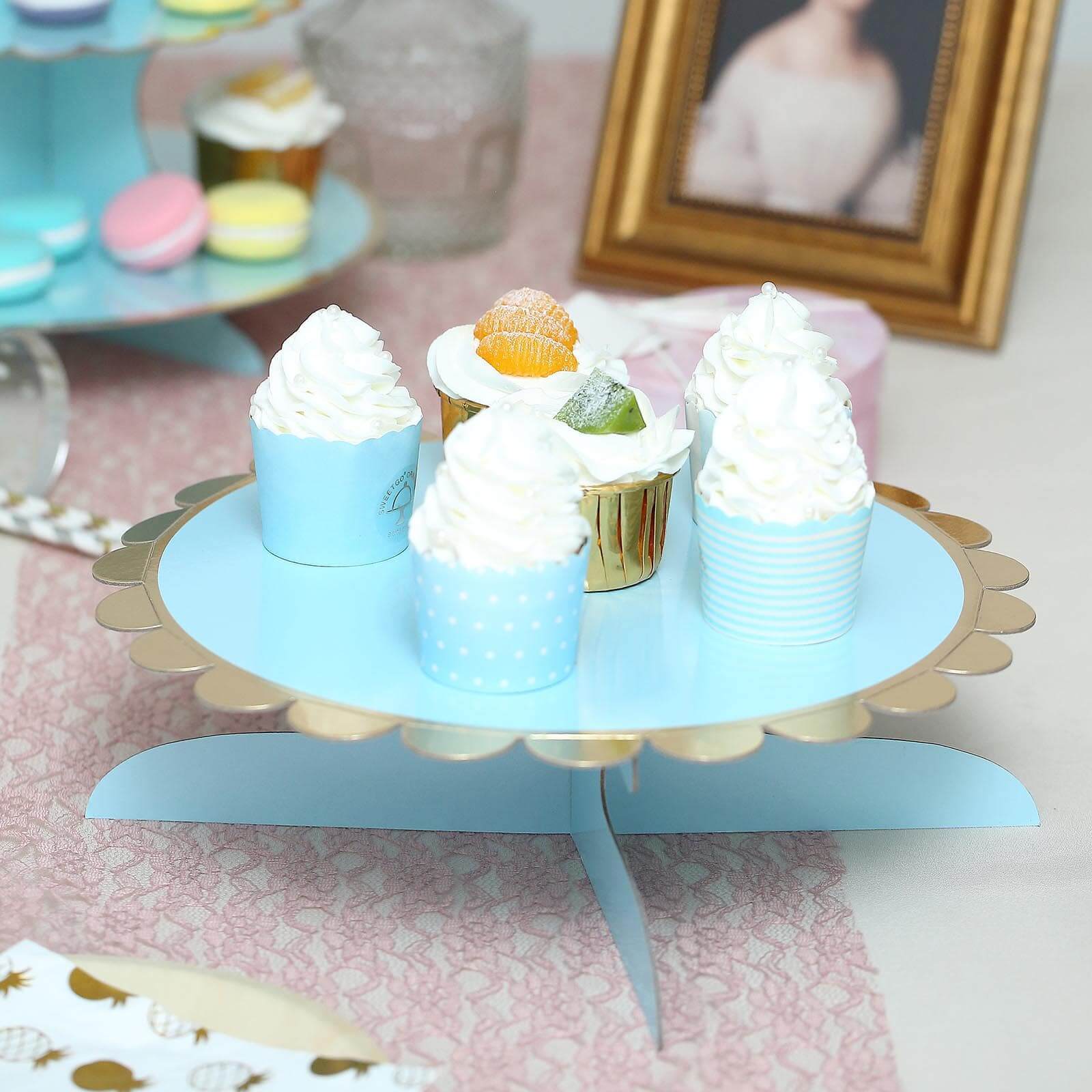 1 - Tier Cardboard Cake Stand Light Blue - Stylish Reusable Cupcake Dessert Holder with Gold Scalloped Rim for Baby Showers Birthdays & Events 13" - Linen Luxes