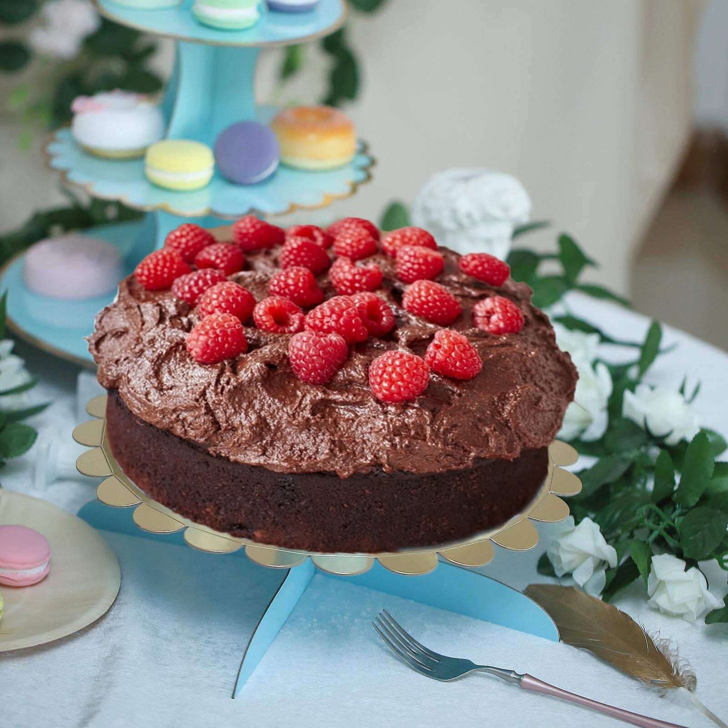 1 - Tier Cardboard Cake Stand Light Blue - Stylish Reusable Cupcake Dessert Holder with Gold Scalloped Rim for Baby Showers Birthdays & Events 13" - Linen Luxes