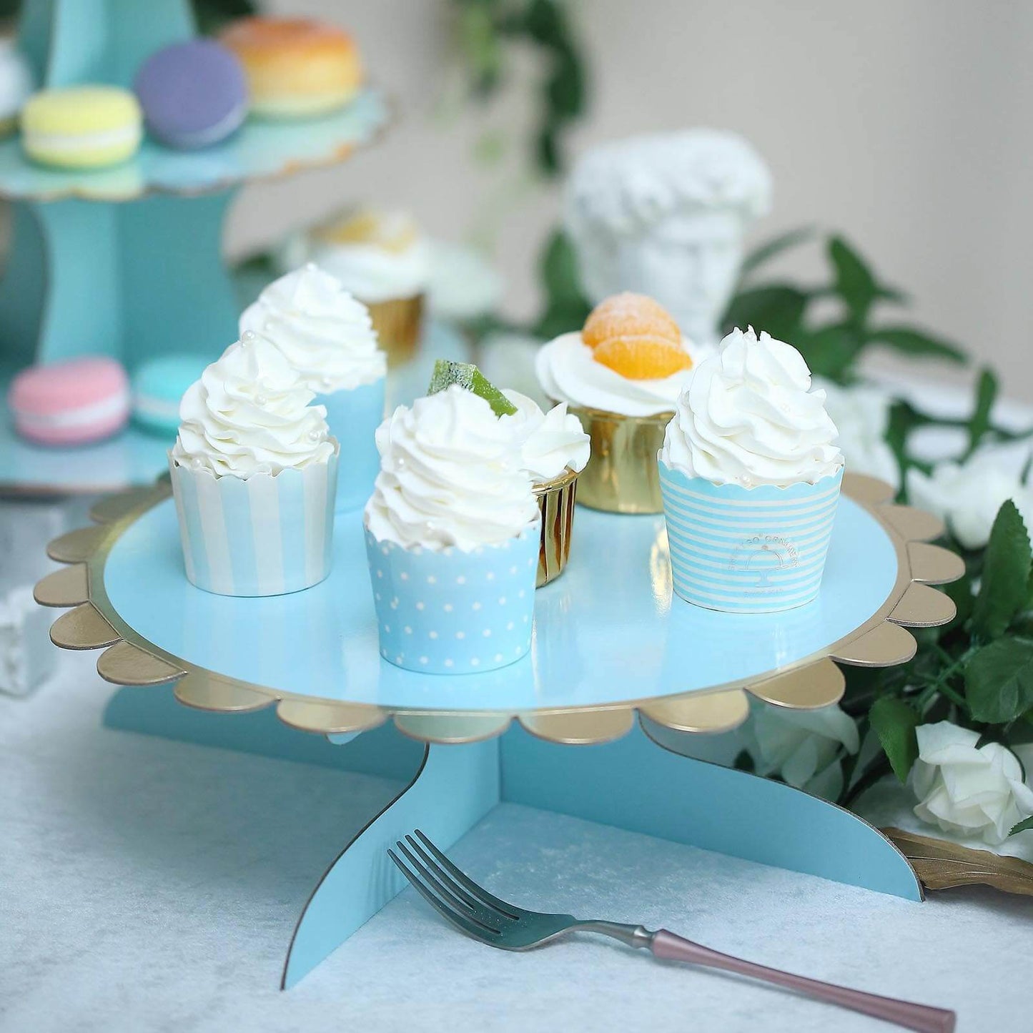 1 - Tier Cardboard Cake Stand Light Blue - Stylish Reusable Cupcake Dessert Holder with Gold Scalloped Rim for Baby Showers Birthdays & Events 13" - Linen Luxes