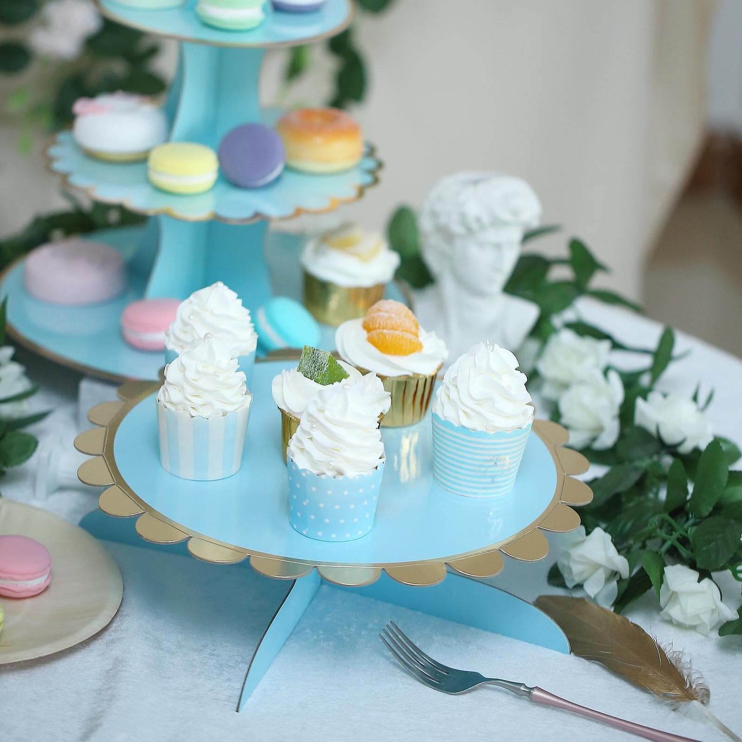 1 - Tier Cardboard Cake Stand Light Blue - Stylish Reusable Cupcake Dessert Holder with Gold Scalloped Rim for Baby Showers Birthdays & Events 13" - Linen Luxes