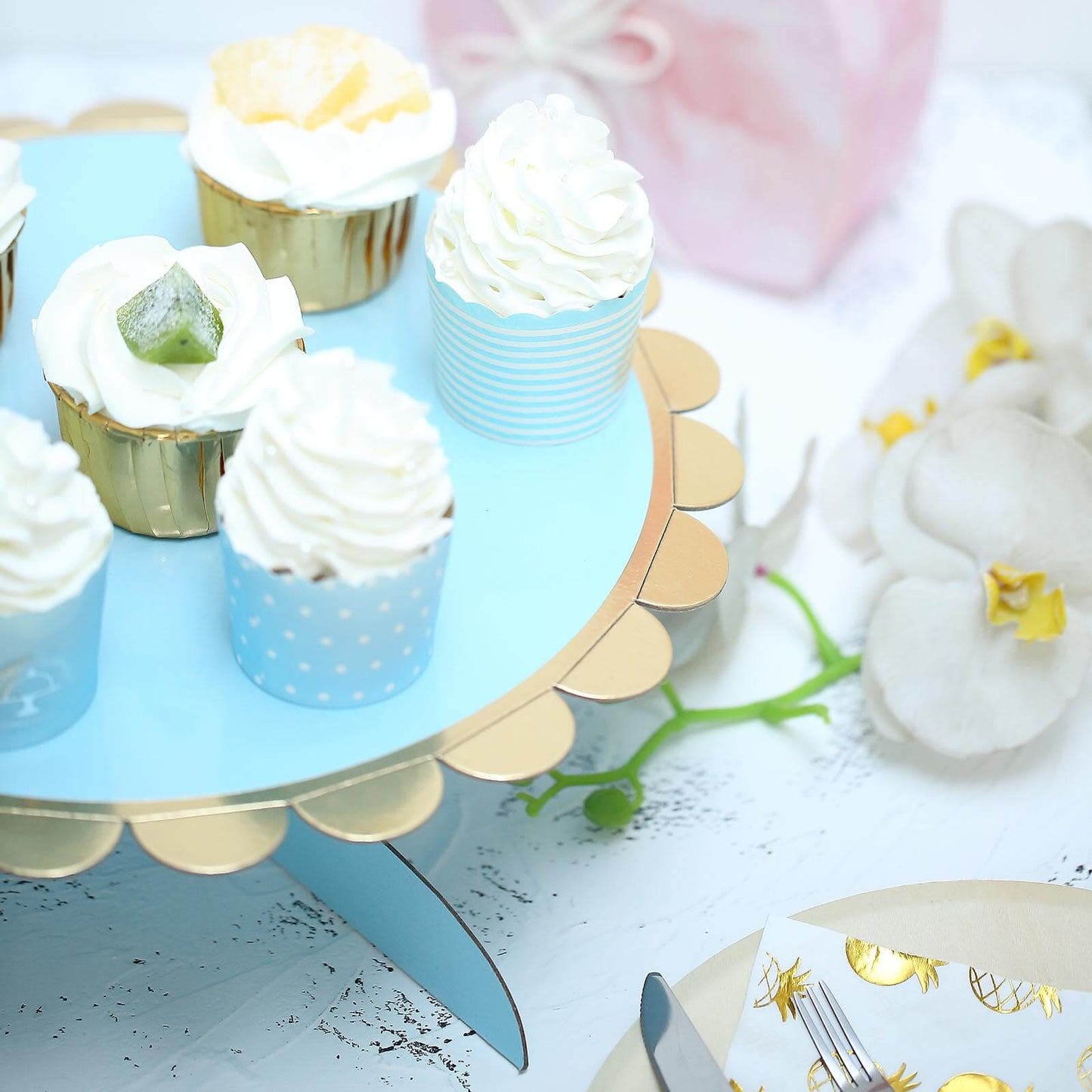 1 - Tier Cardboard Cake Stand Light Blue - Stylish Reusable Cupcake Dessert Holder with Gold Scalloped Rim for Baby Showers Birthdays & Events 13" - Linen Luxes