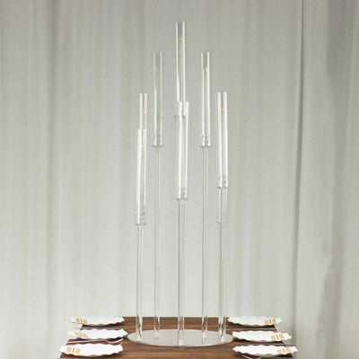 10-Arm Round Cluster Acrylic Candelabra Clear with Circular Base - Stylish Taper Candle Holder Table Centerpiece for Pillar Candles 47"
