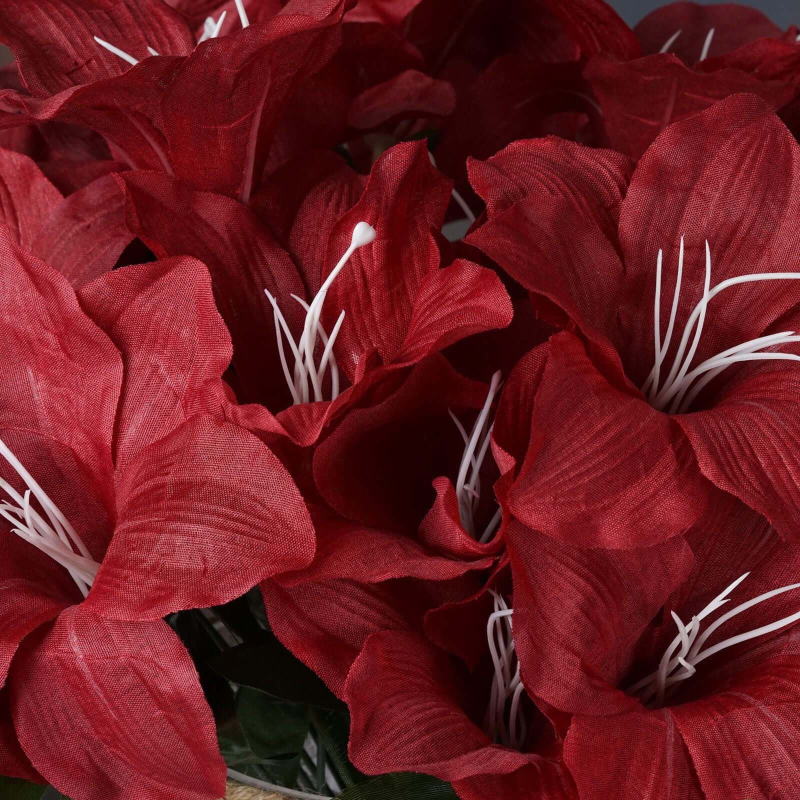 10 Bushes Burgundy Artificial Silk Easter Lily Flowers, Faux Bouquets - Linen Luxes
