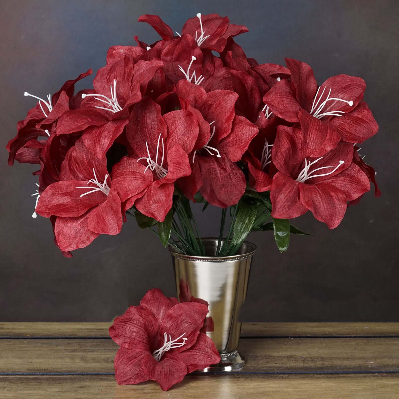 10 Bushes Burgundy Artificial Silk Easter Lily Flowers, Faux Bouquets - Linen Luxes