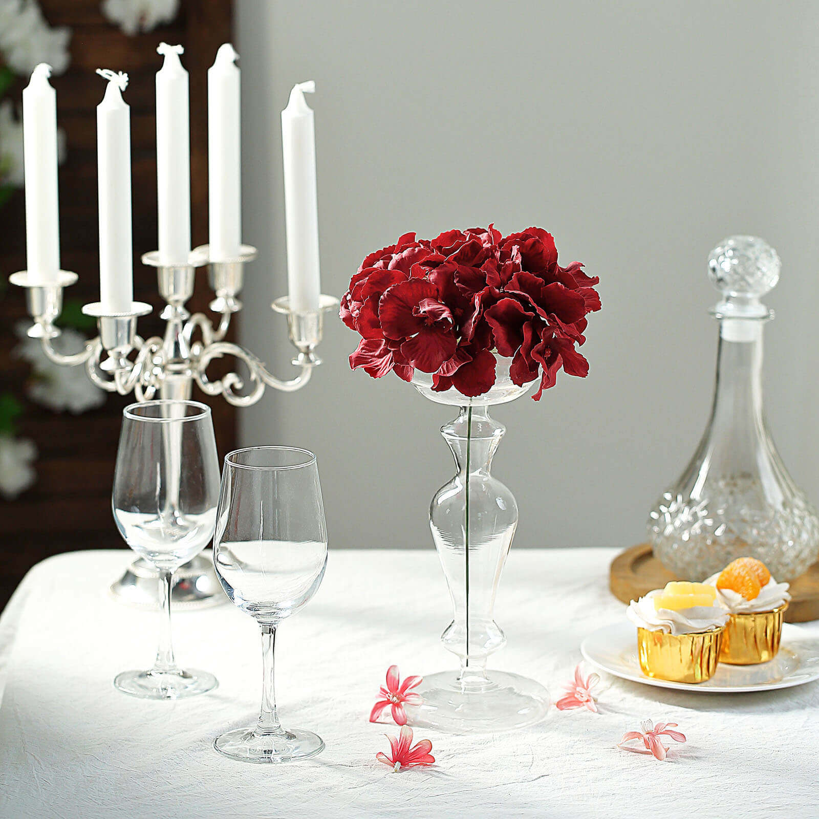 10 Flower Head and Stems Burgundy Artificial Satin Hydrangeas, DIY Arrangement - Linen Luxes