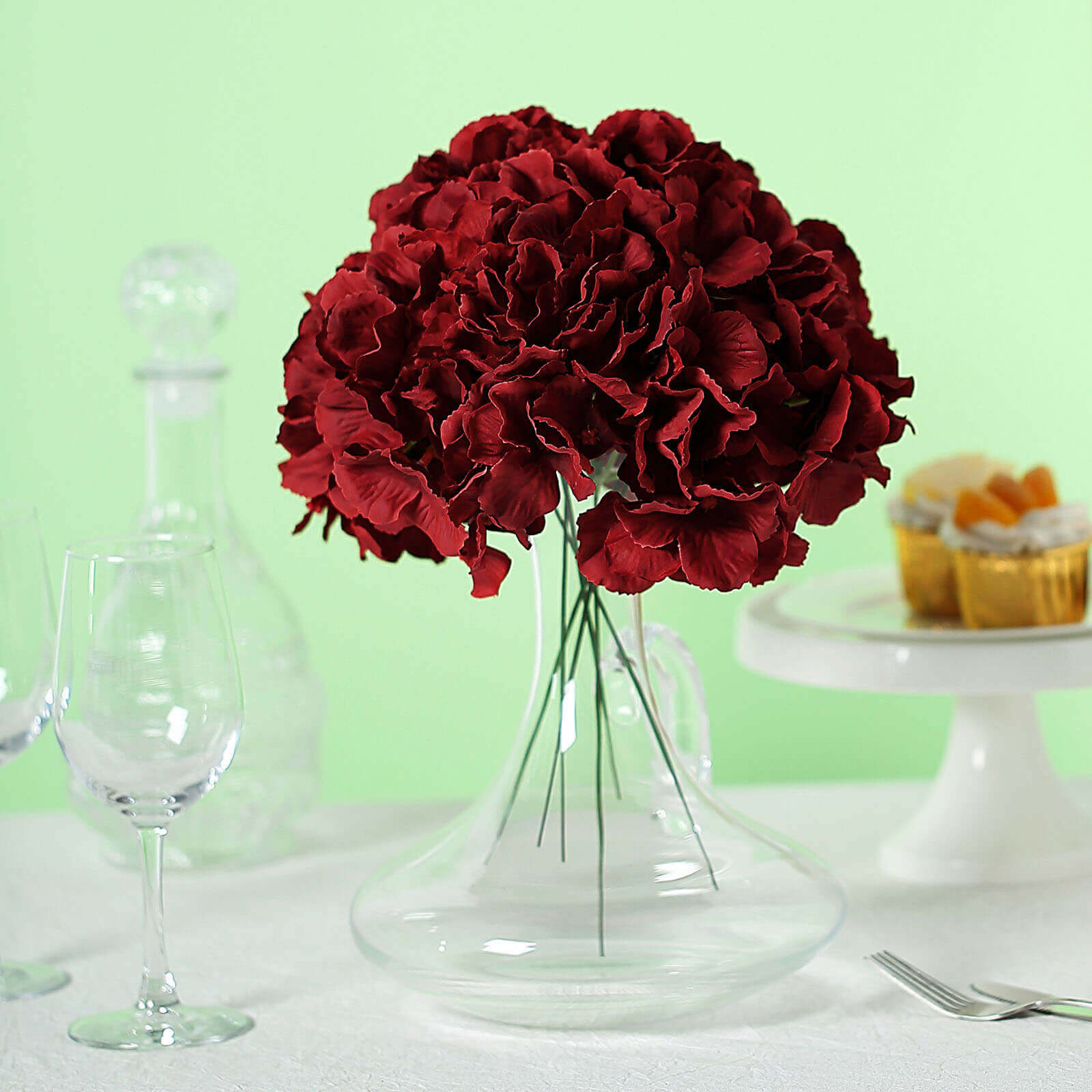10 Flower Head and Stems Burgundy Artificial Satin Hydrangeas, DIY Arrangement - Linen Luxes