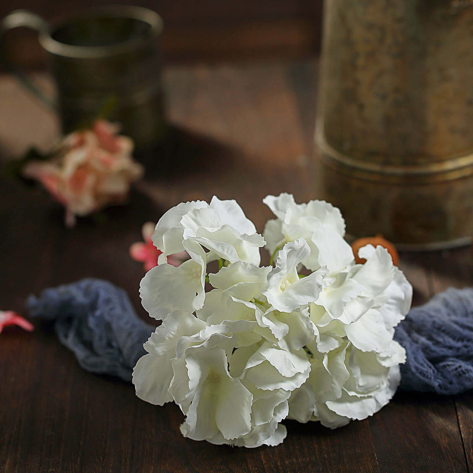 10 Flower Head and Stems Cream Artificial Satin Hydrangeas, DIY Arrangement - Linen Luxes