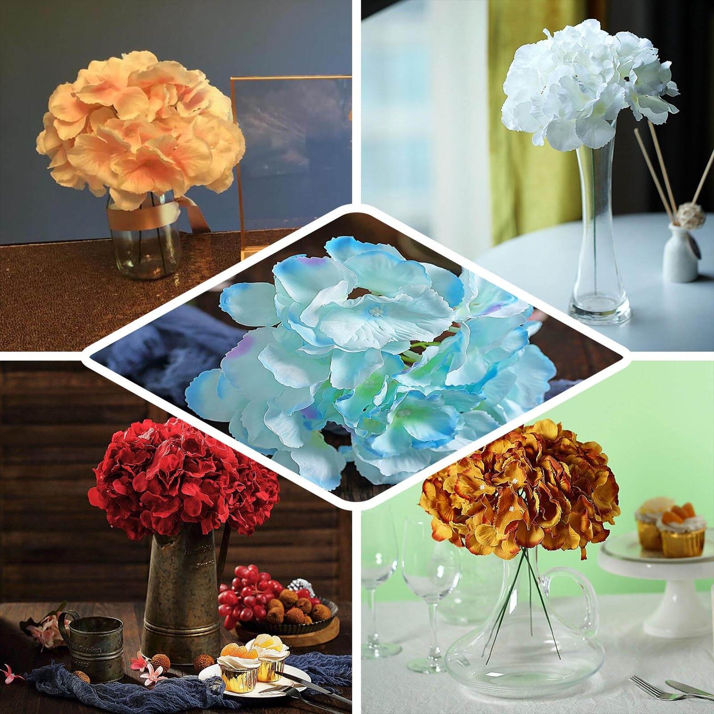 10 Flower Head and Stems White Artificial Satin Hydrangeas, DIY Arrangement - Linen Luxes