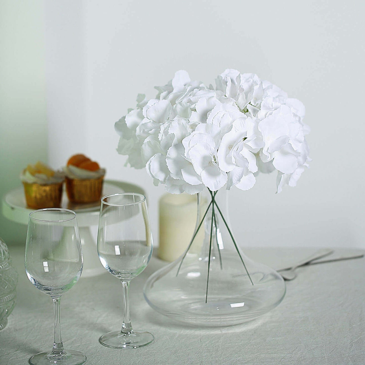10 Flower Head and Stems White Artificial Satin Hydrangeas, DIY Arrangement - Linen Luxes
