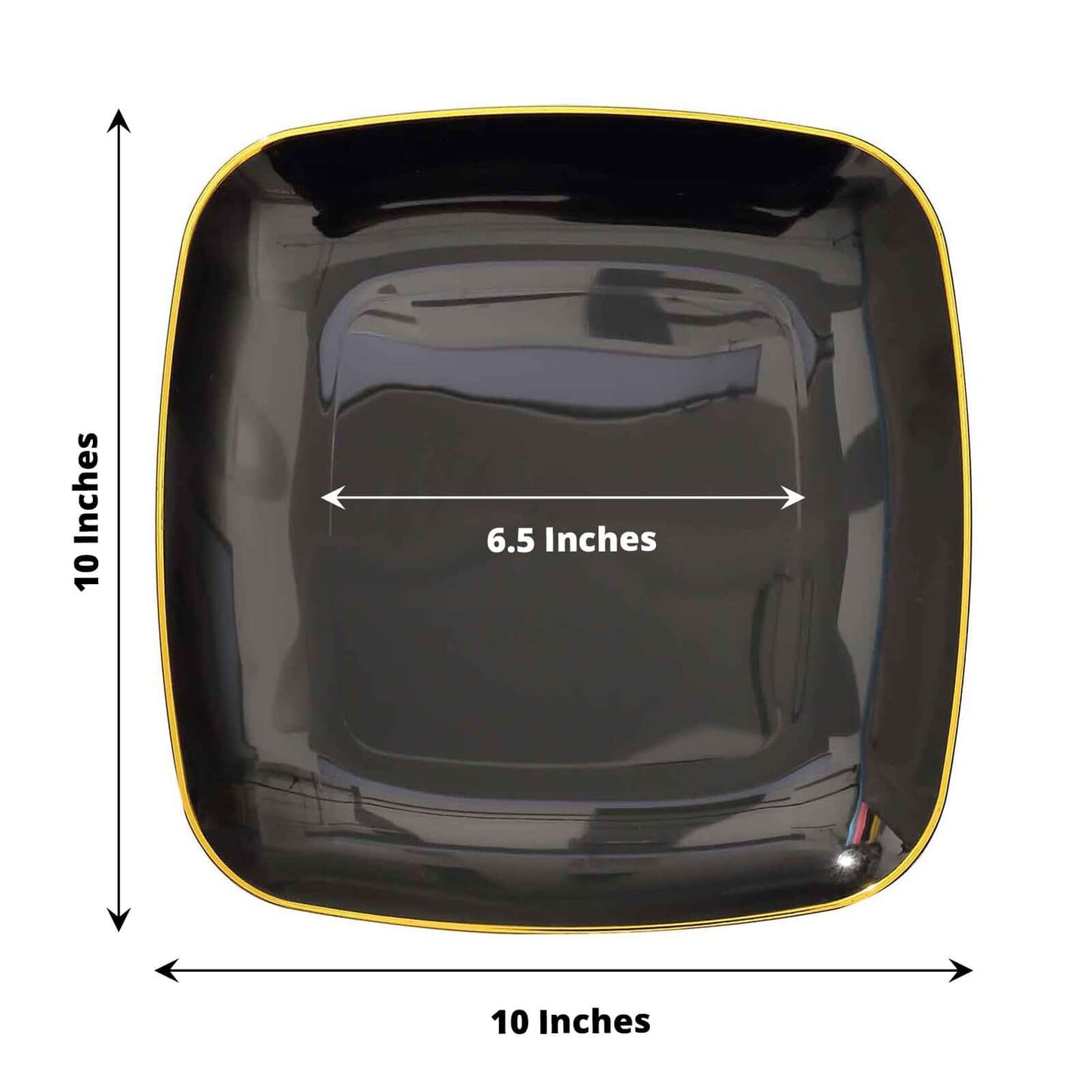 10-Pack Plastic 10" Square Dinner Plates in Black with Gold Rim - Classy Disposable Lunch Party Plates