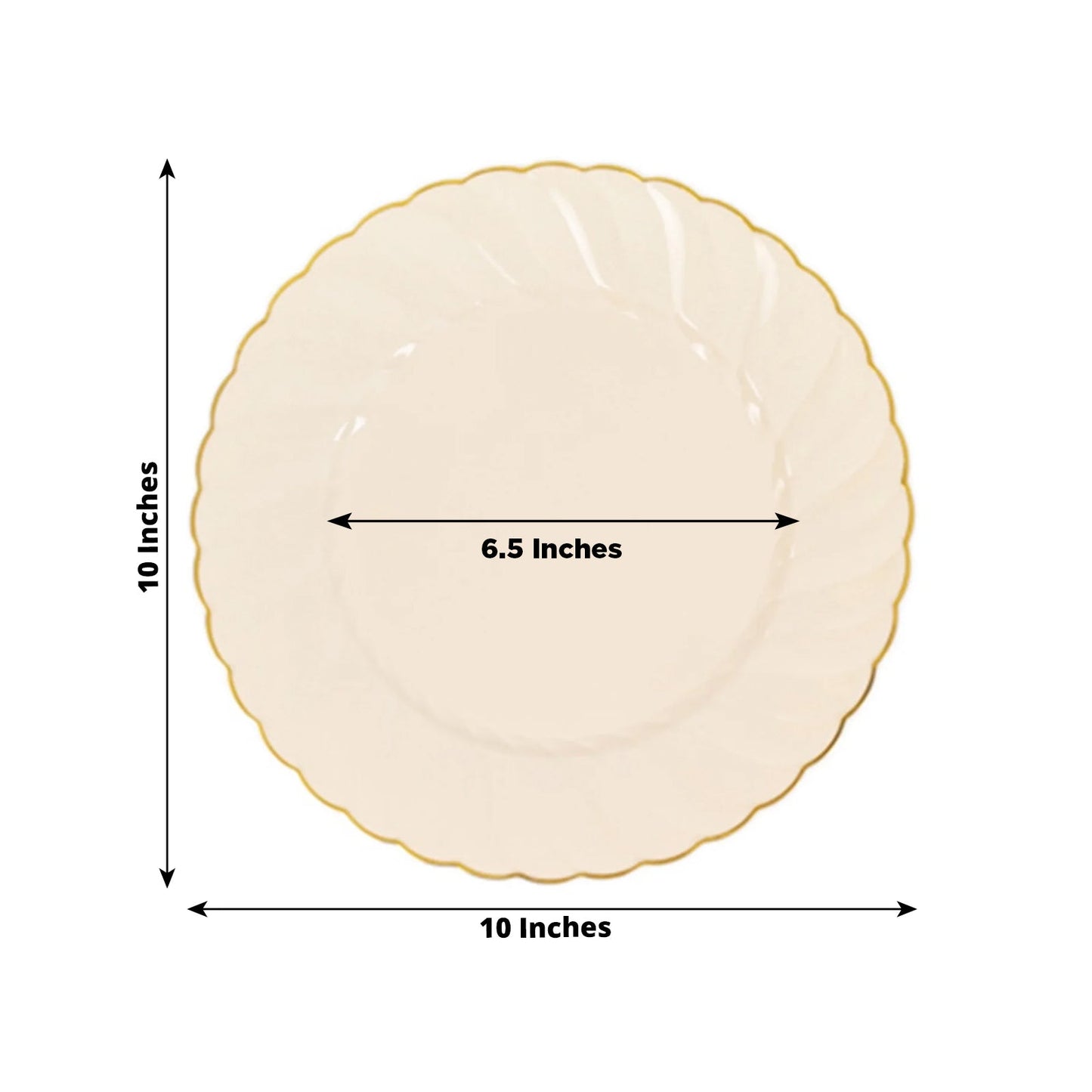 10-Pack Plastic 10" Round Dinner Plates in Ivory with Gold Flair Rim - Disposable Party Plates
