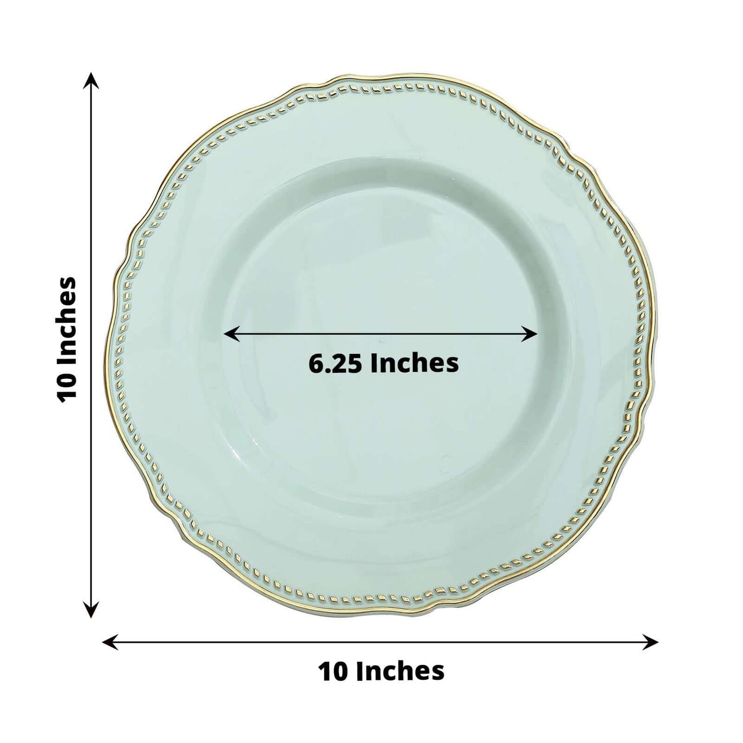 10-Pack Plastic 10" Dinner Plates in Jade with Gold Scalloped Rim - Disposable Large Party Plates