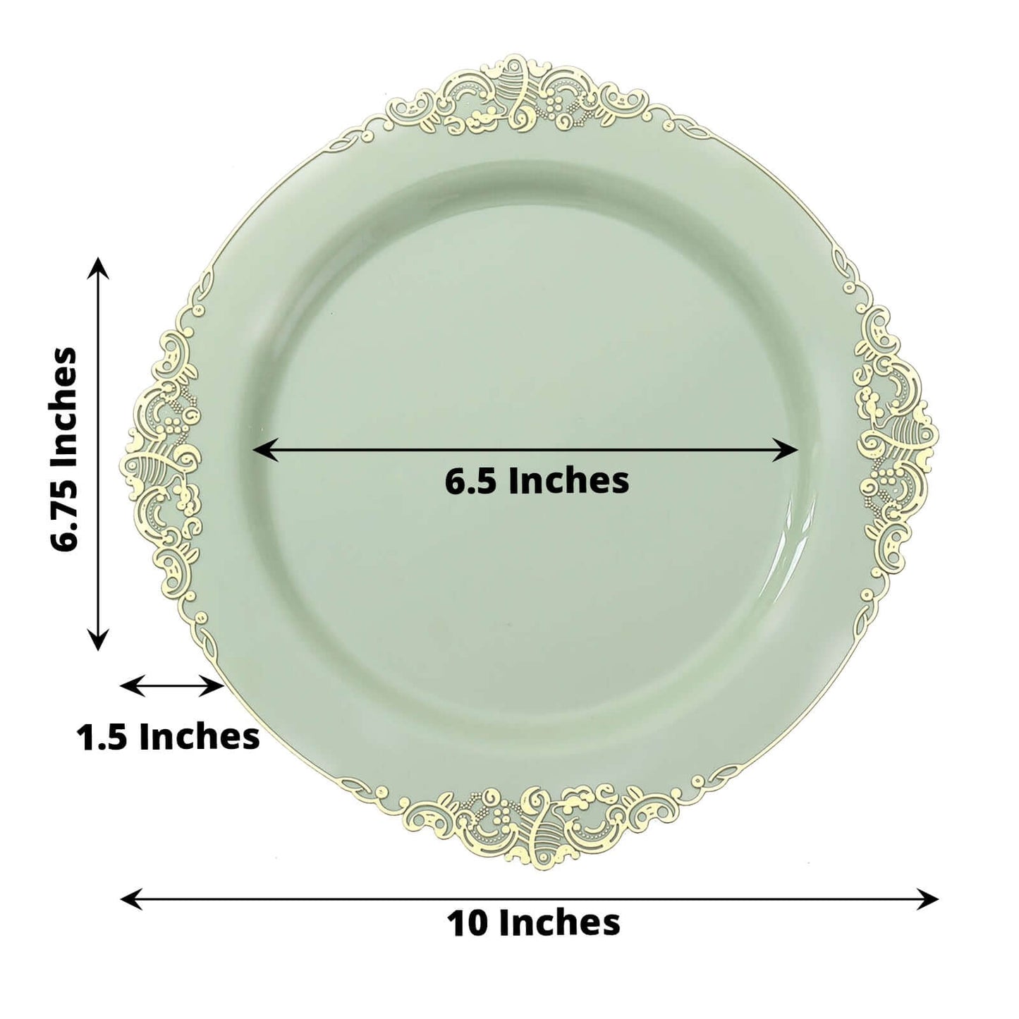 10-Pack Plastic 10" Round Dinner Plates in Sage Green with Gold Leaf Embossed Rim - Disposable Vintage Baroque Style Plates