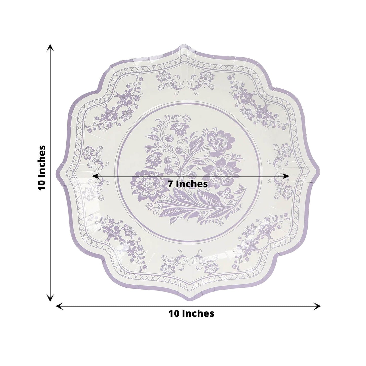 25-Pack Paper Dinner Plates in White Lavender Lilac Damask Floral Print & Scallop Rim - Stylish Disposable 300GSM Floral Party Plates 10"