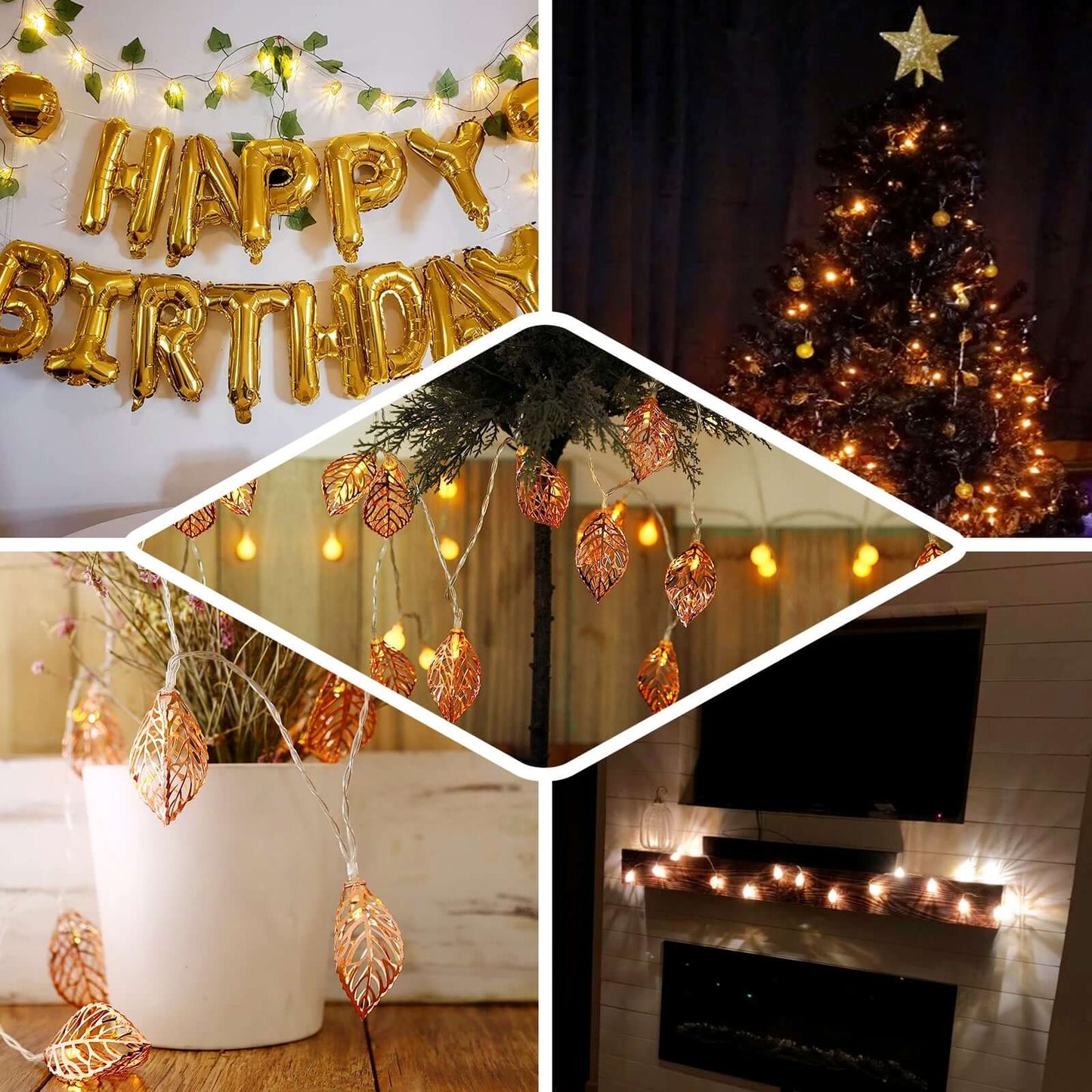 10 LED Fairy String Light Garland Rose Gold Leaves Design Warm White - Battery Operated Party Lights 5ft - Linen Luxes