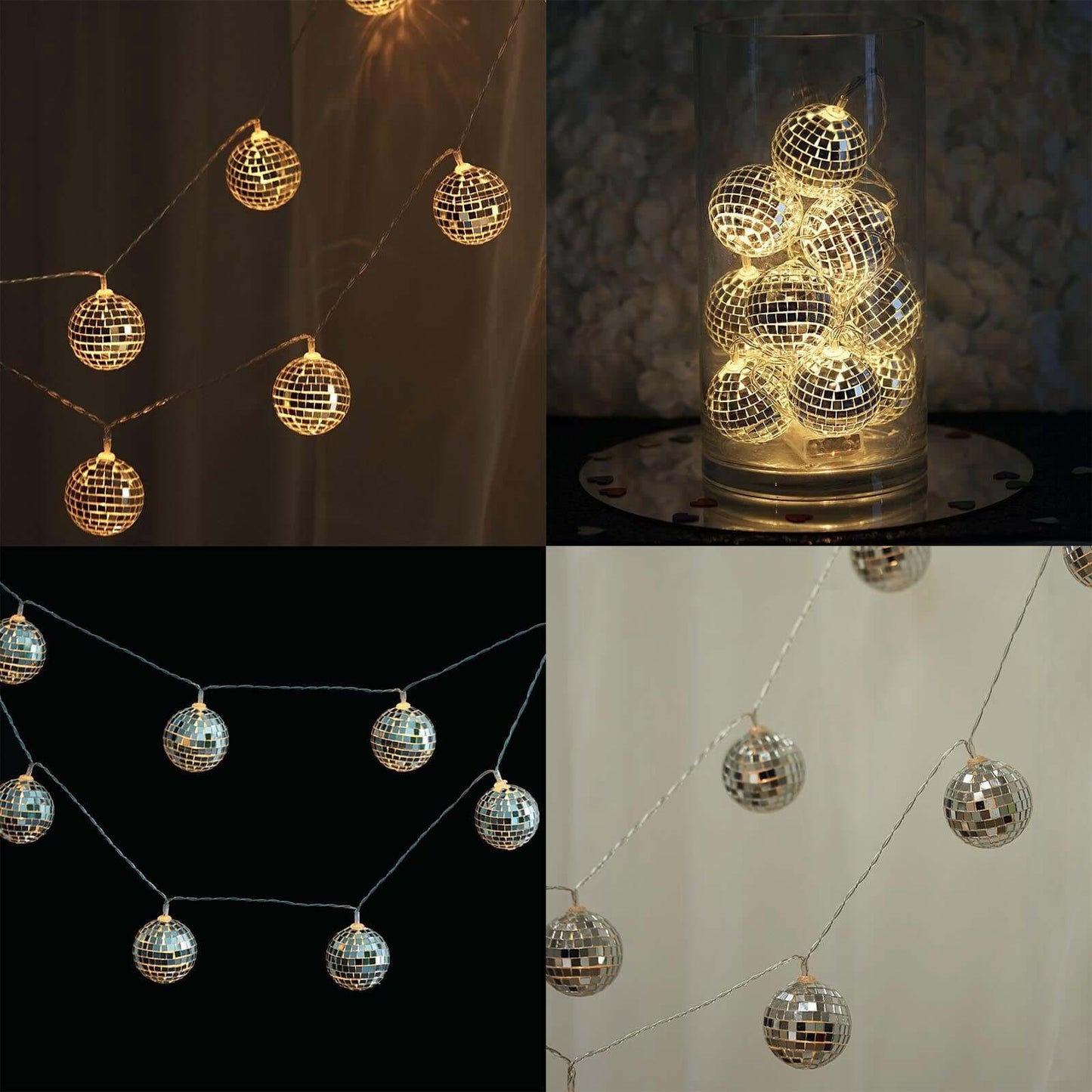 10 LED String Light Garland Silver Disco Mirror Ball Warm White - Battery Operated Event DÃ©cor 6ft - Linen Luxes