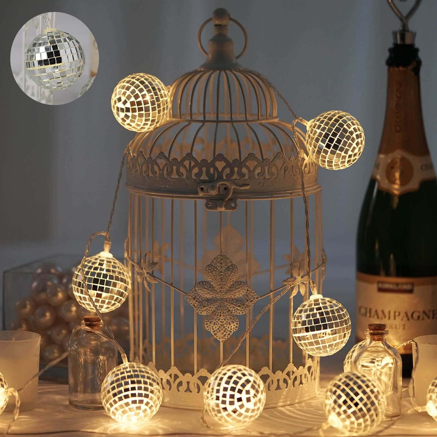 10 LED String Light Garland Silver Disco Mirror Ball Warm White - Battery Operated Event DÃ©cor 6ft - Linen Luxes