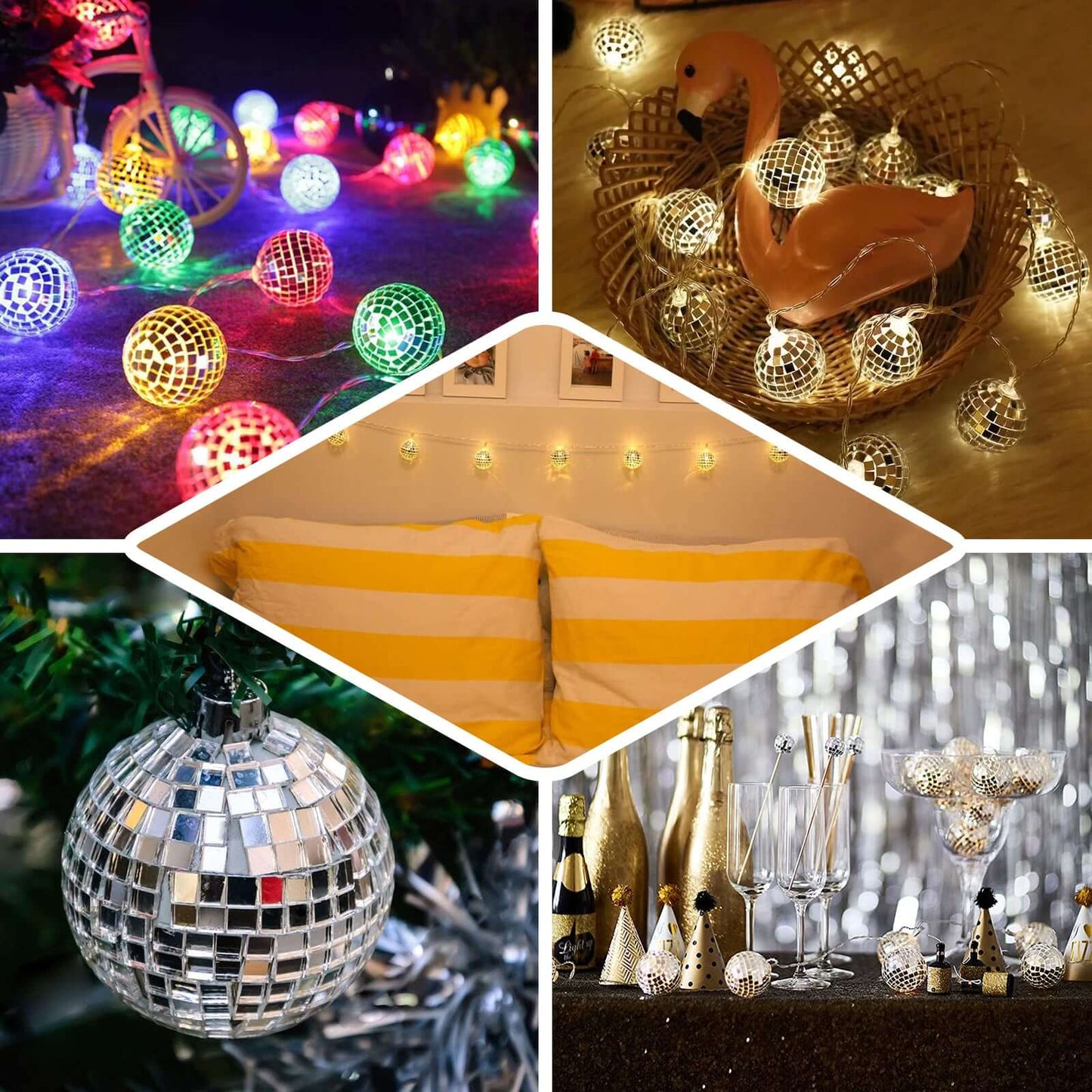 10 LED String Light Garland Silver Disco Mirror Ball Warm White - Battery Operated Event DÃ©cor 6ft - Linen Luxes