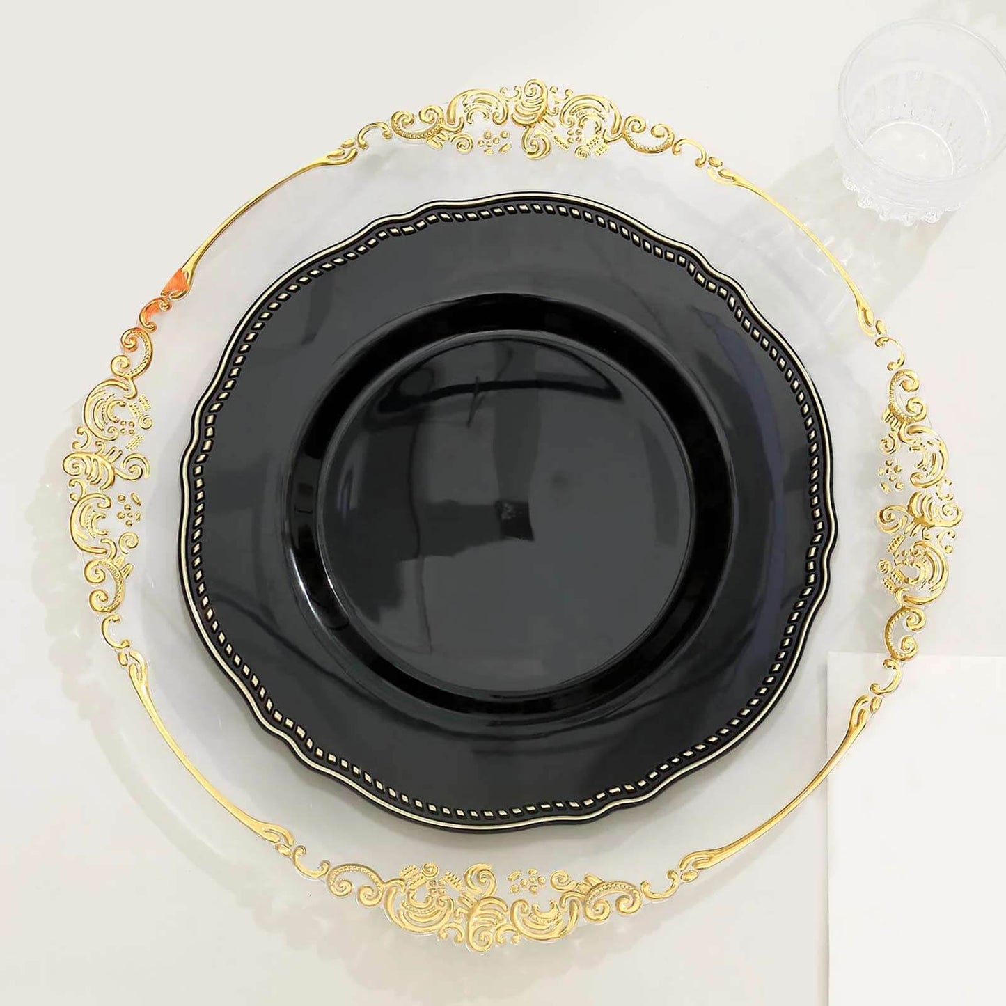 10-Pack Plastic 10" Dinner Plates in Black with Gold Scalloped Rim - Disposable Large Party Plates