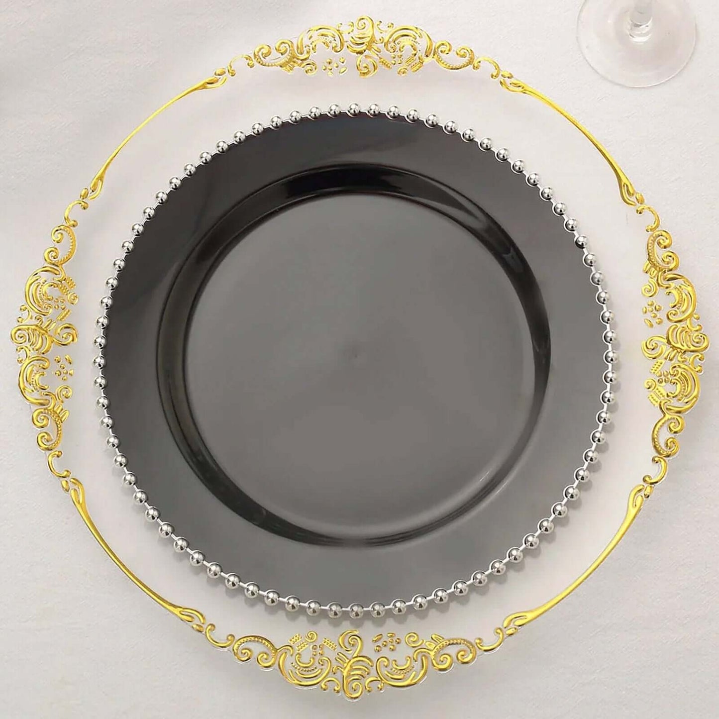 10-Pack Plastic 10" Round Dinner Plates in Black with Silver Beaded Rim - Disposable Party Plates for Banquets & Festive Occasions