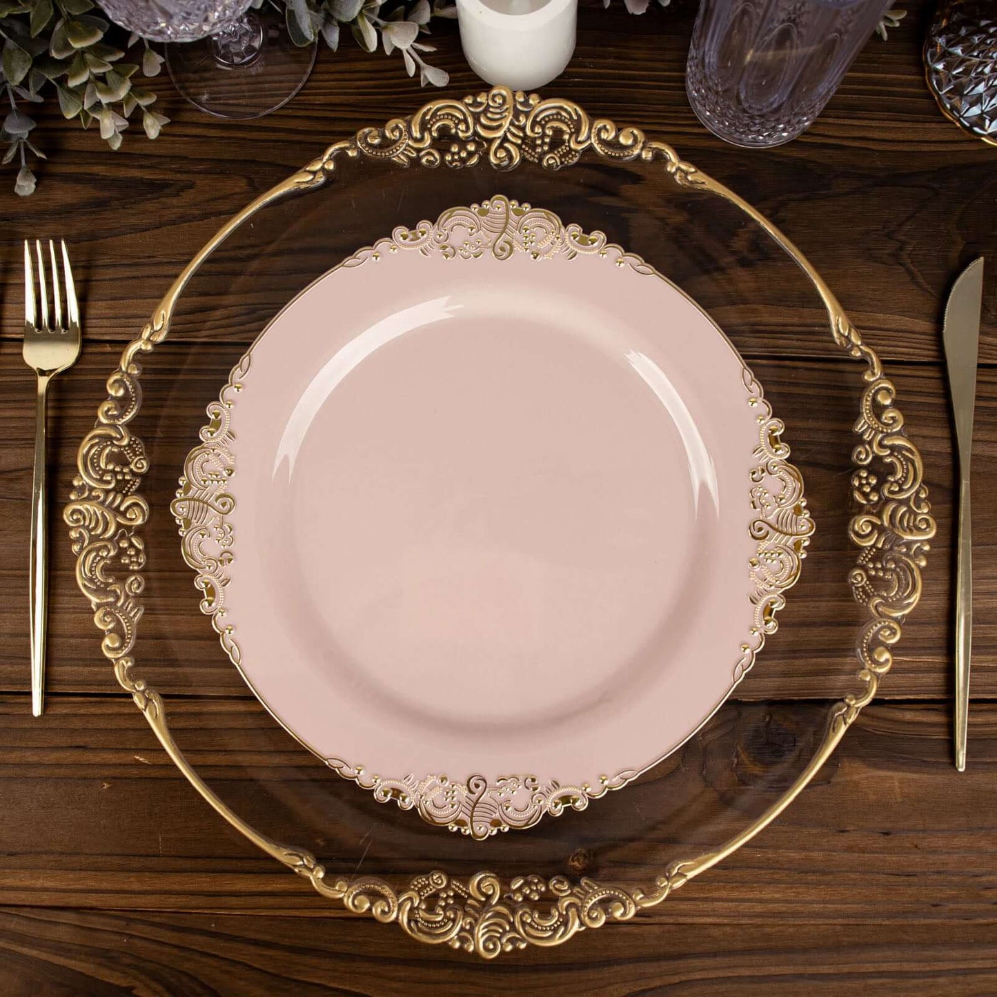 10-Pack Plastic 10" Round Dinner Plates in Blush with Gold Leaf Embossed Rim - Disposable Vintage Baroque Style Plates