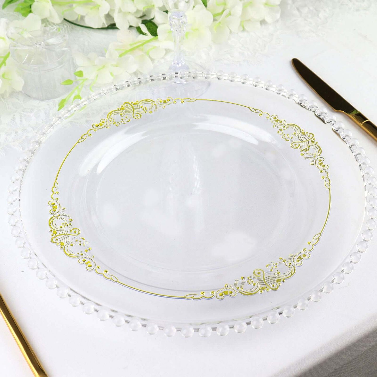 10-Pack Plastic 10" Round Dinner Plates in Clear with Gold Leaf Embossed Rim - Disposable Vintage Baroque Style Plates