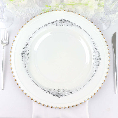 10-Pack Plastic 10" Round Dinner Plates in Clear with Silver Leaf Embossed Rim - Disposable Vintage Baroque Style Plates
