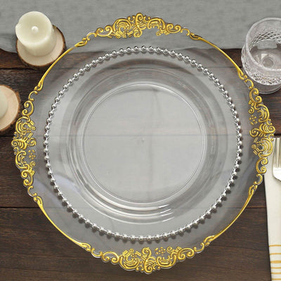 10-Pack Plastic 10" Round Dinner Plates in Clear with Silver Beaded Rim - Disposable Party Plates for Banquets & Festive Occasions