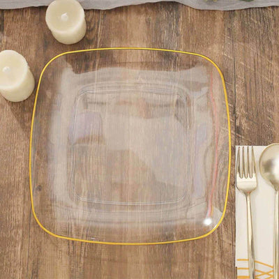 10-Pack Plastic 10" Square Dinner Plates in Clear with Gold Rim - Classy Disposable Lunch Party Plates